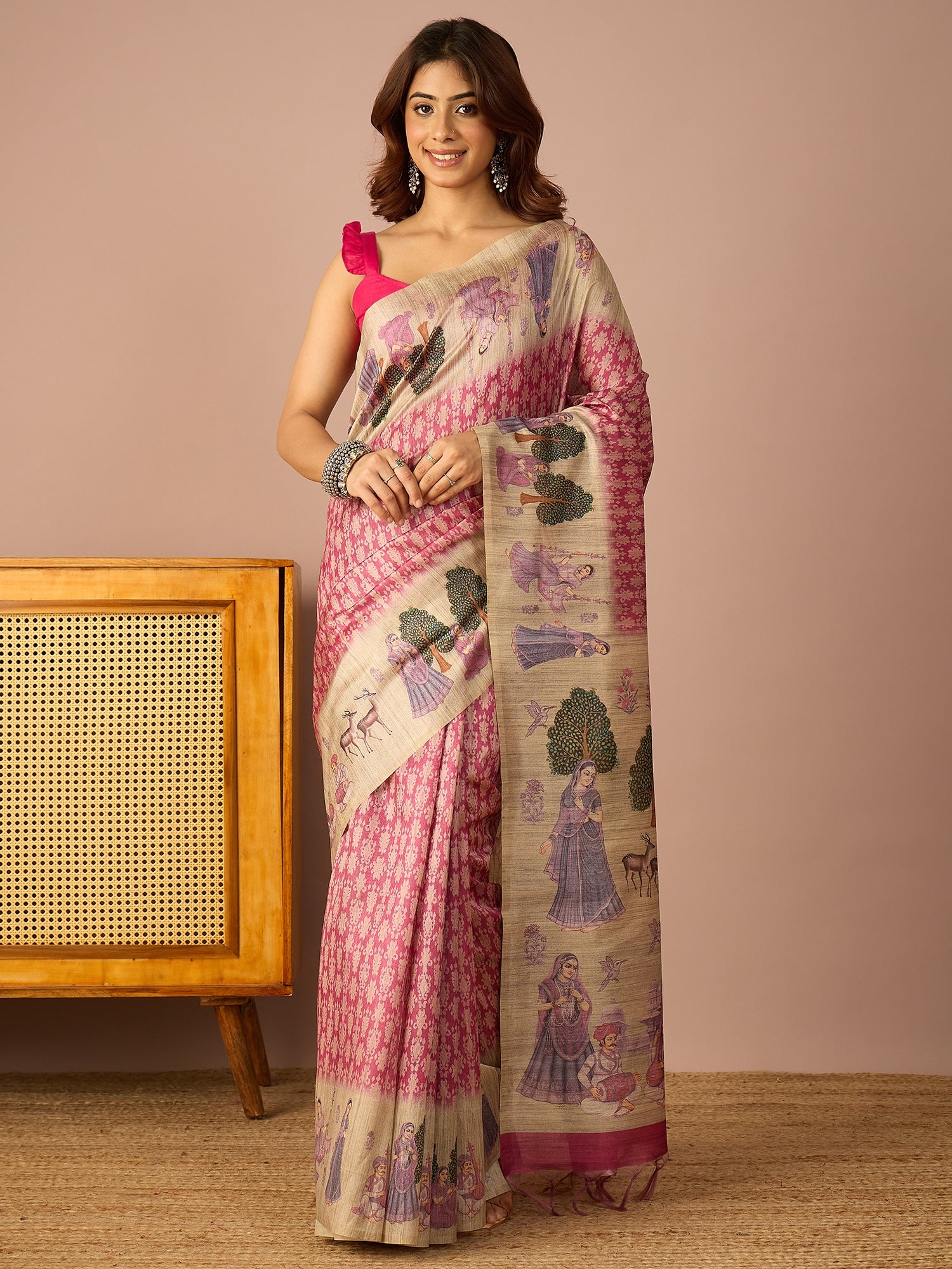 Pink Miniature Print Border Saree