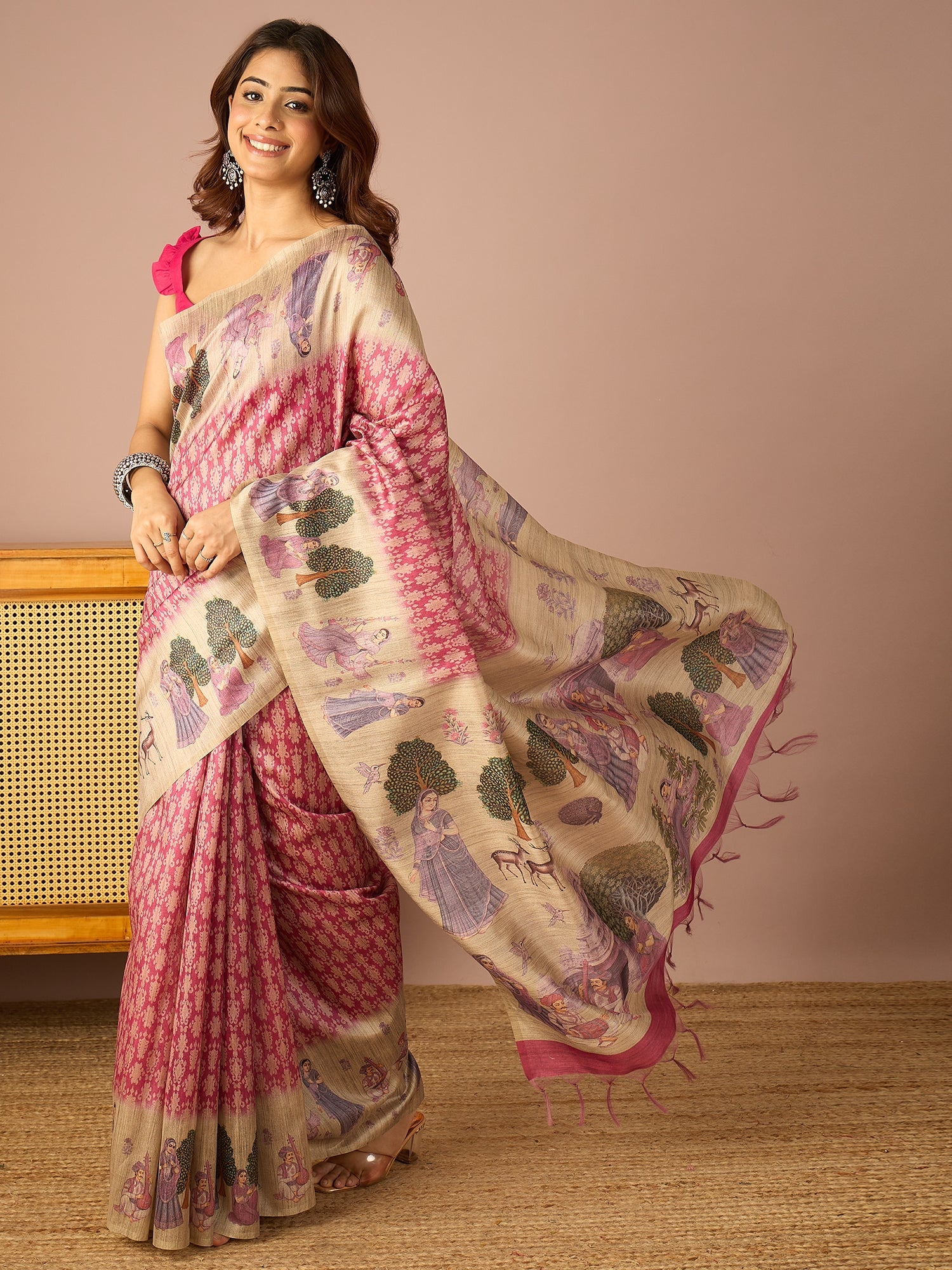 Pink Miniature Print Border Saree