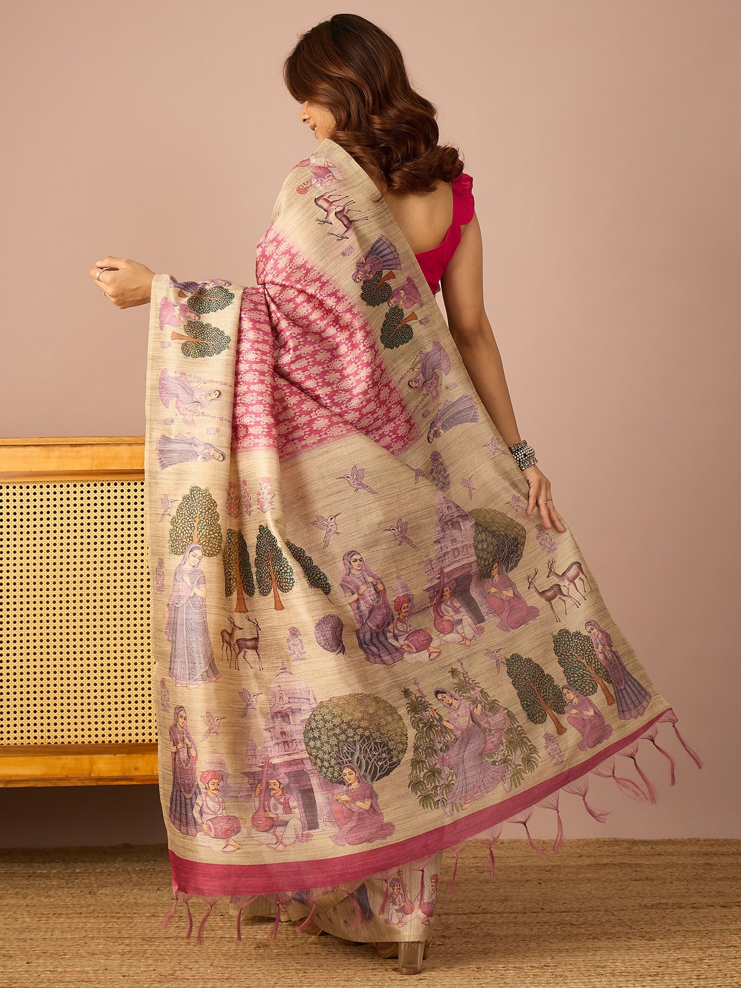 Pink Miniature Print Border Saree