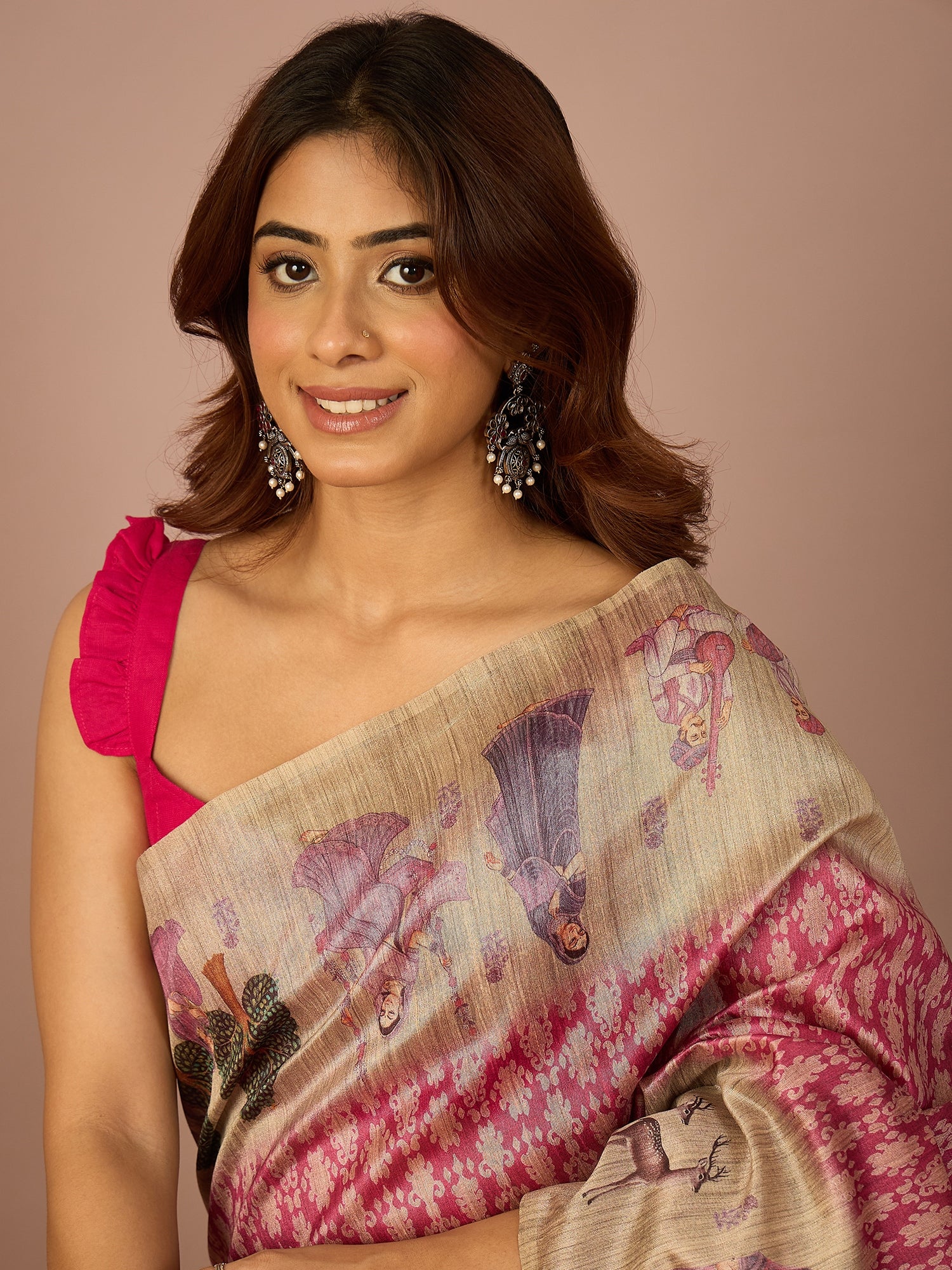 Pink Miniature Print Border Saree