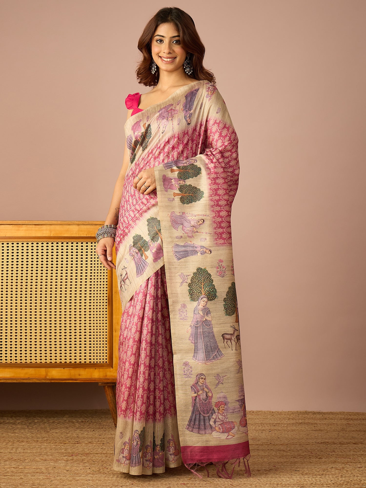 Pink Miniature Print Border Saree