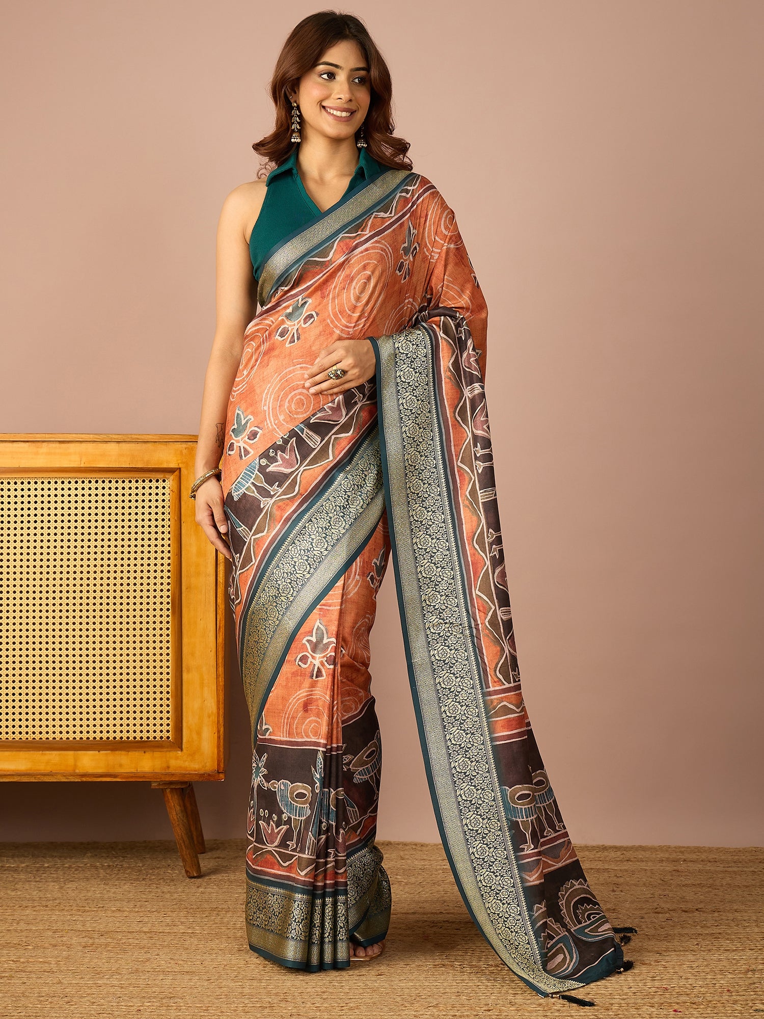 Teal Rose Zari Border Saree
