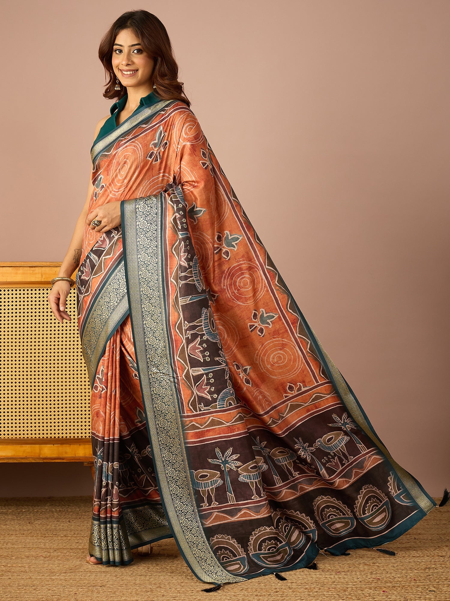 Teal Rose Zari Border Saree