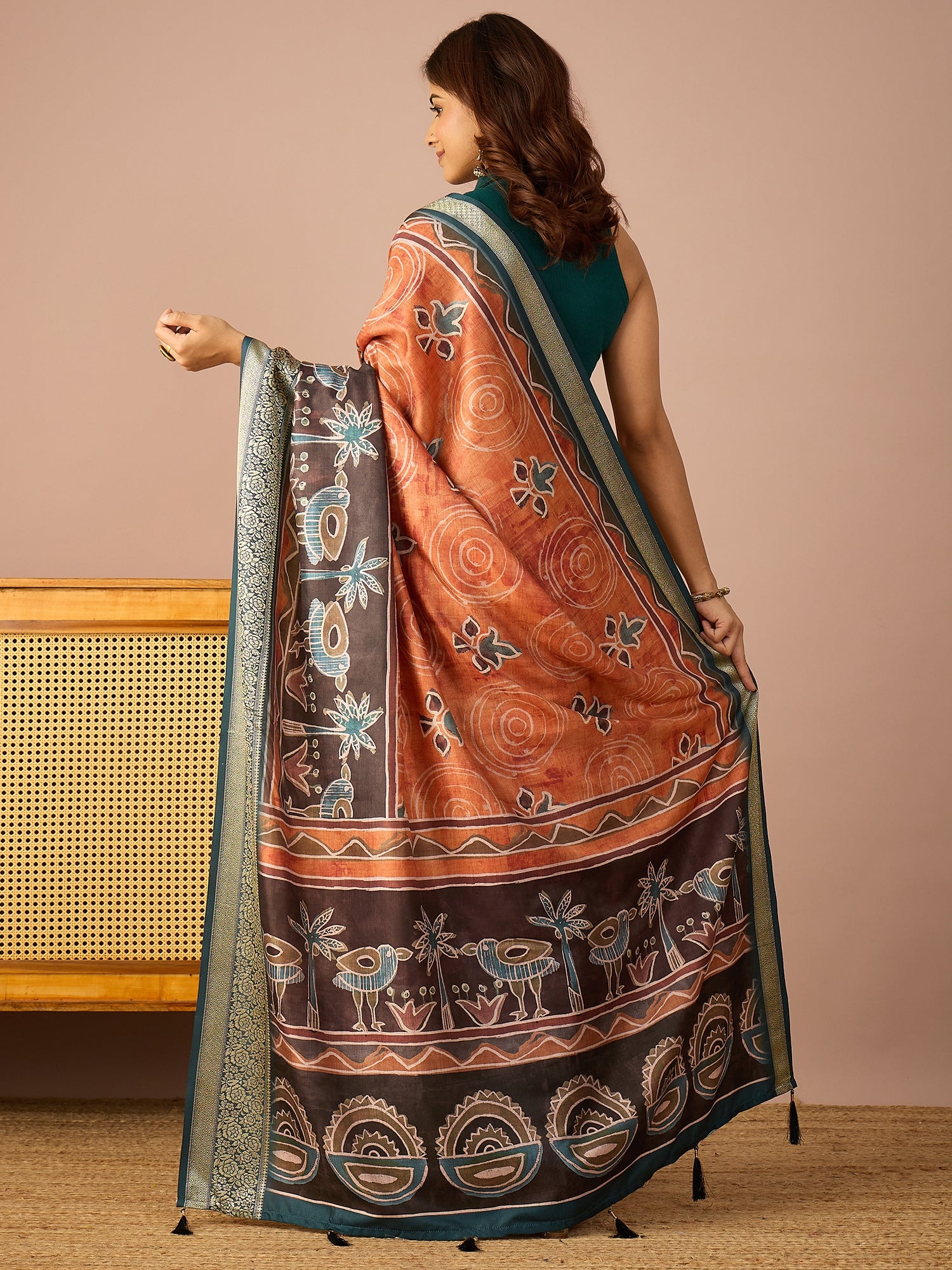 Teal Rose Zari Border Saree