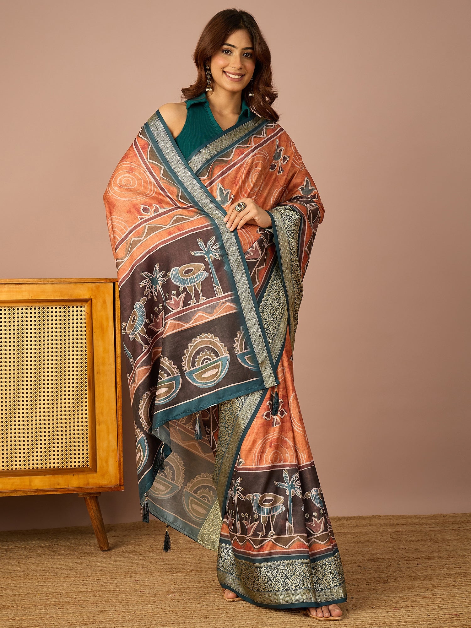 Teal Rose Zari Border Saree
