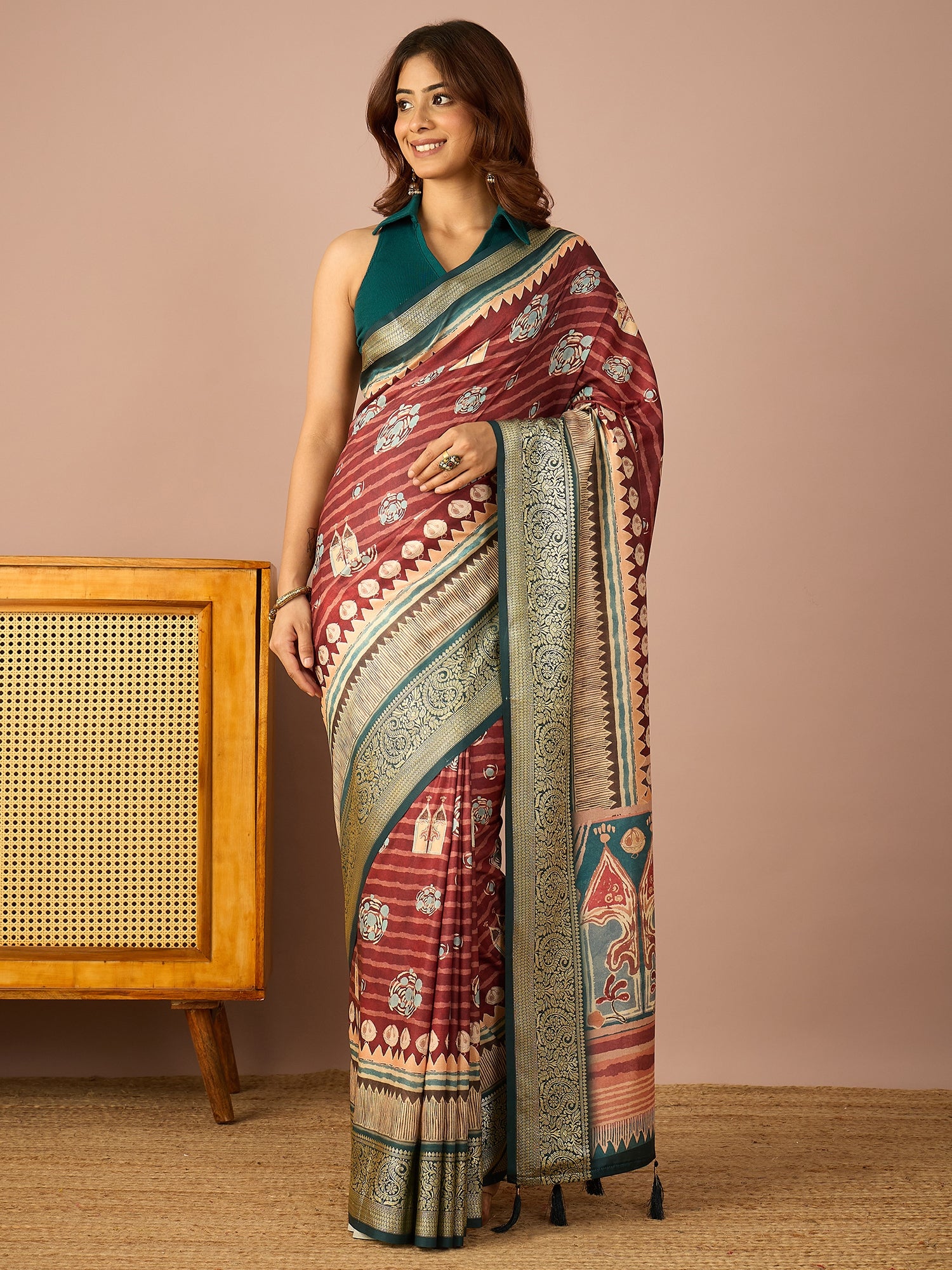 Teal Paisley Zari Border Saree