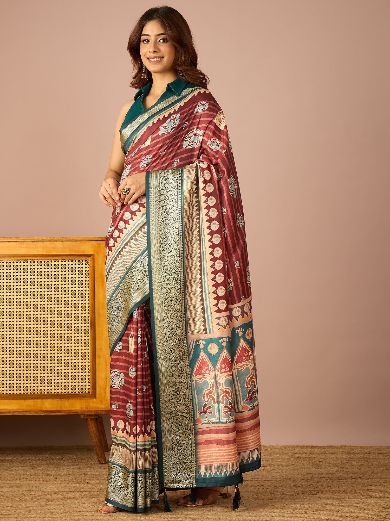 Teal Paisley Zari Border Saree
