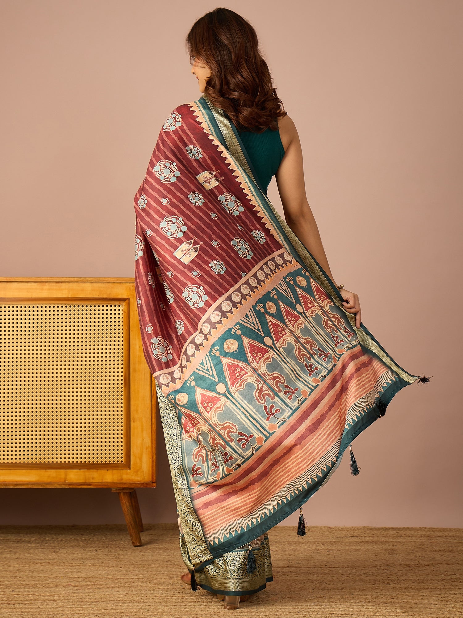 Teal Paisley Zari Border Saree