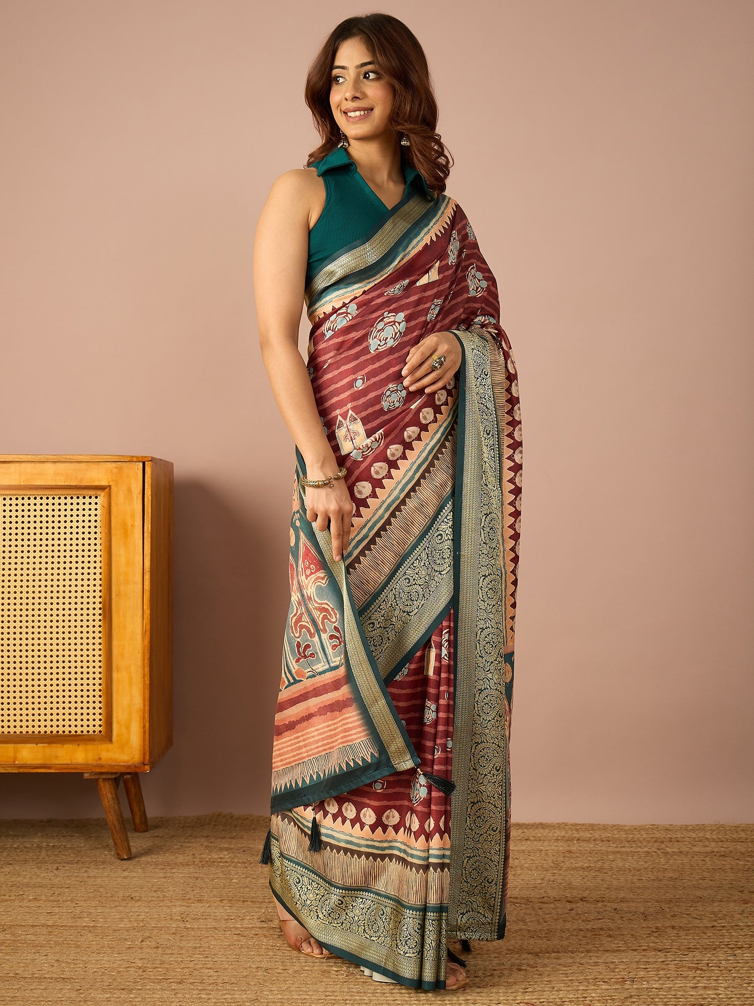 Teal Paisley Zari Border Saree