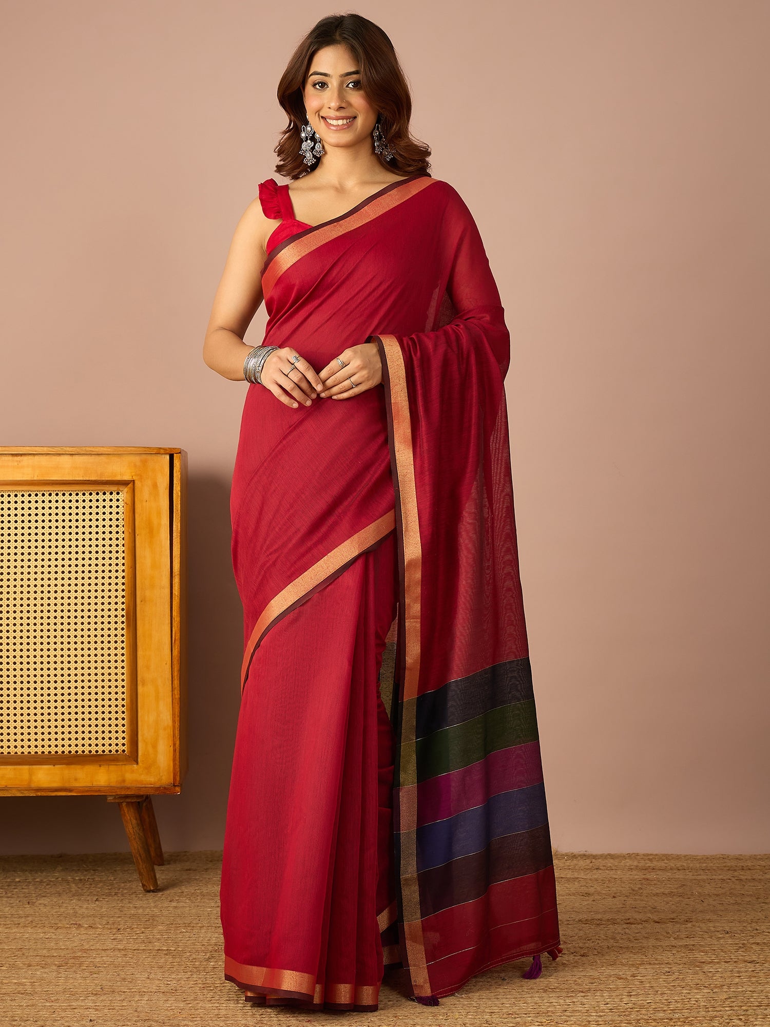 Maroon Multi Striped Pallu Saree
