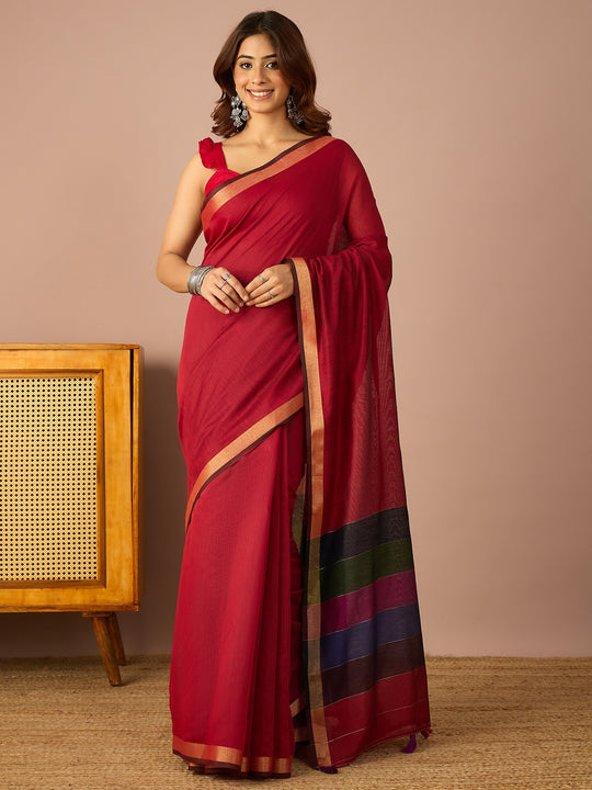Maroon Multi Striped Pallu Saree