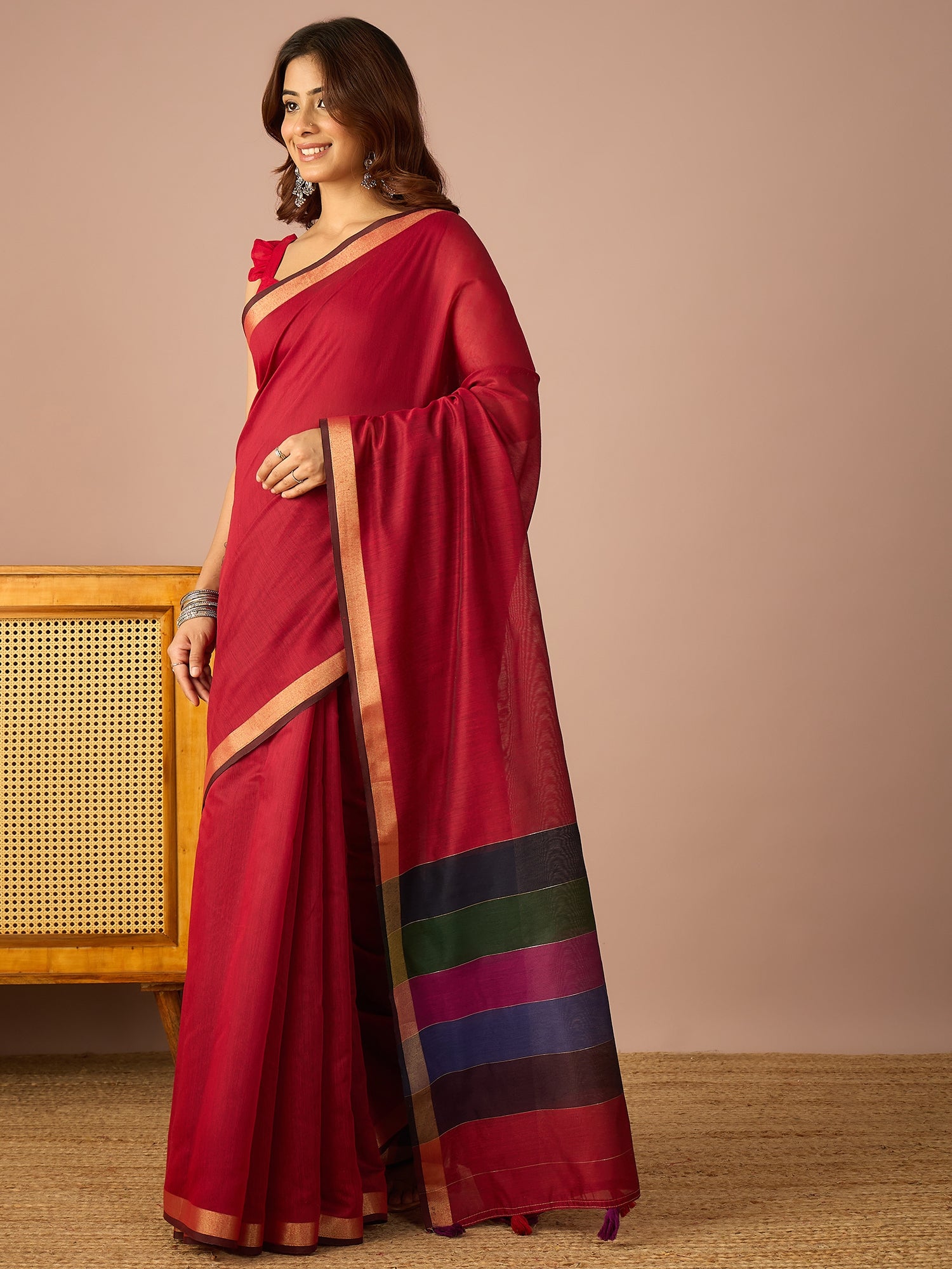 Maroon Multi Striped Pallu Saree