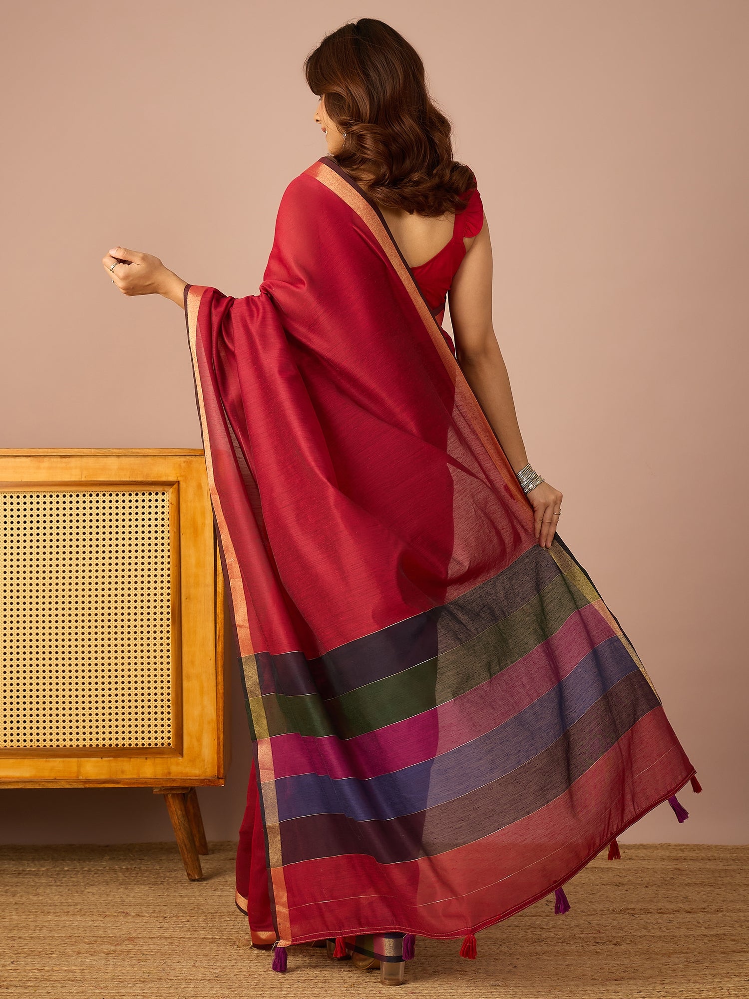 Maroon Multi Striped Pallu Saree