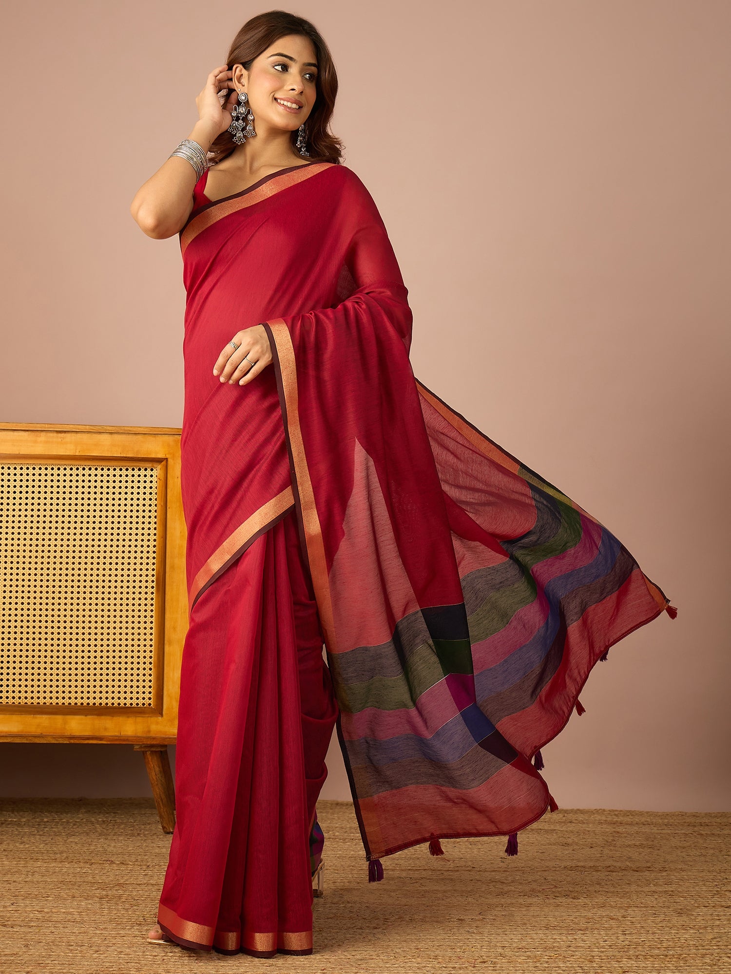 Maroon Multi Striped Pallu Saree