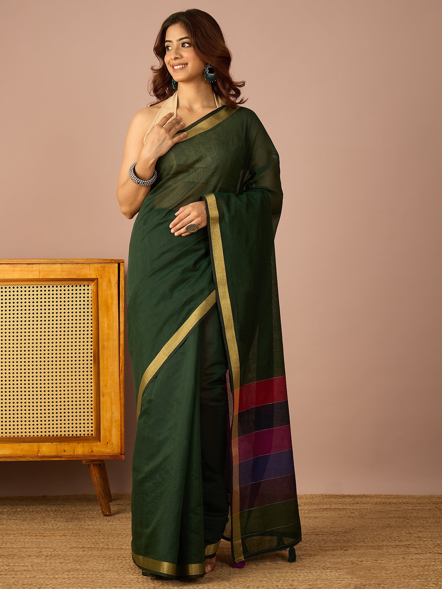 Green Multi Striped Pallu Saree