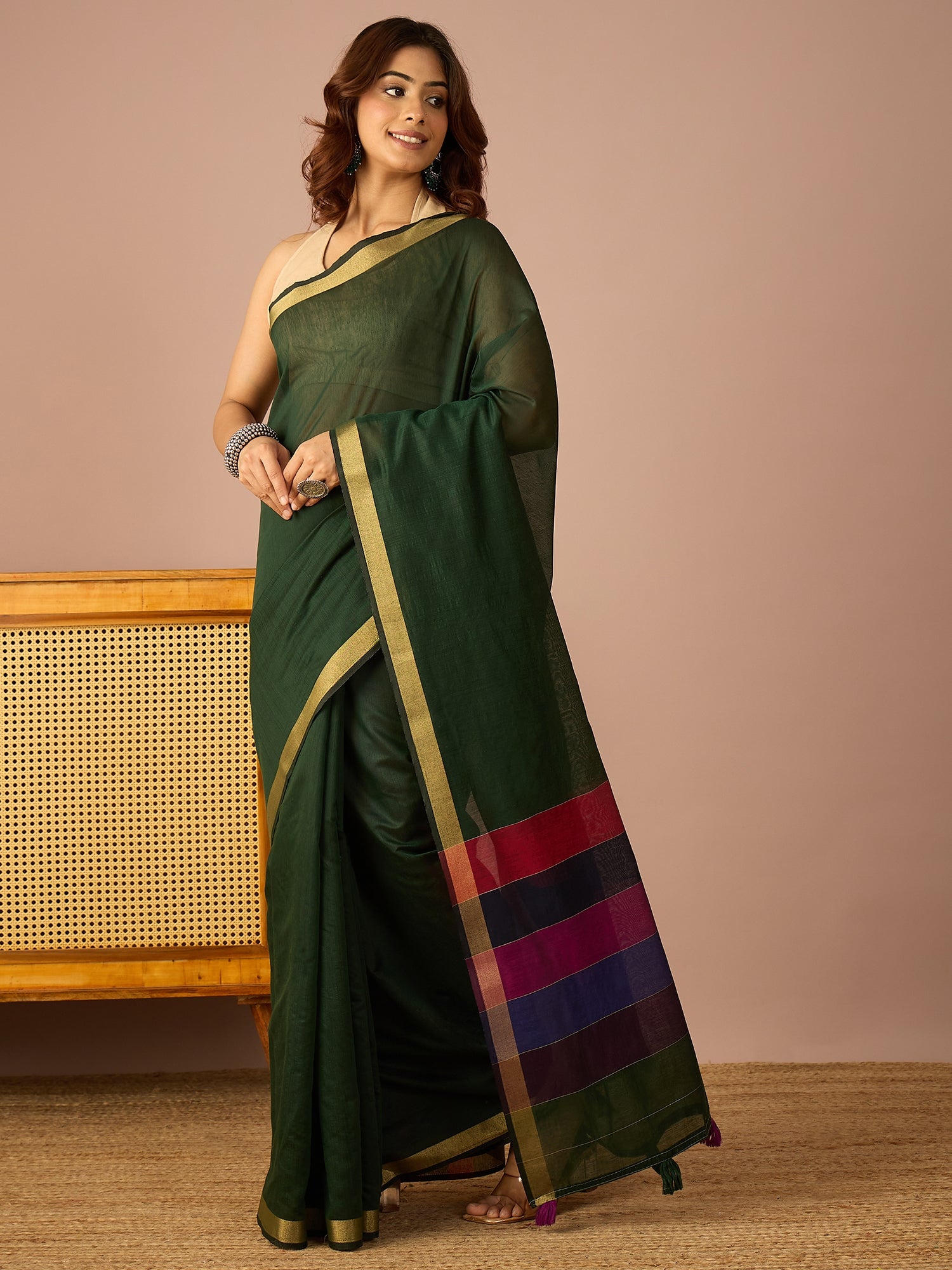 Green Multi Striped Pallu Saree