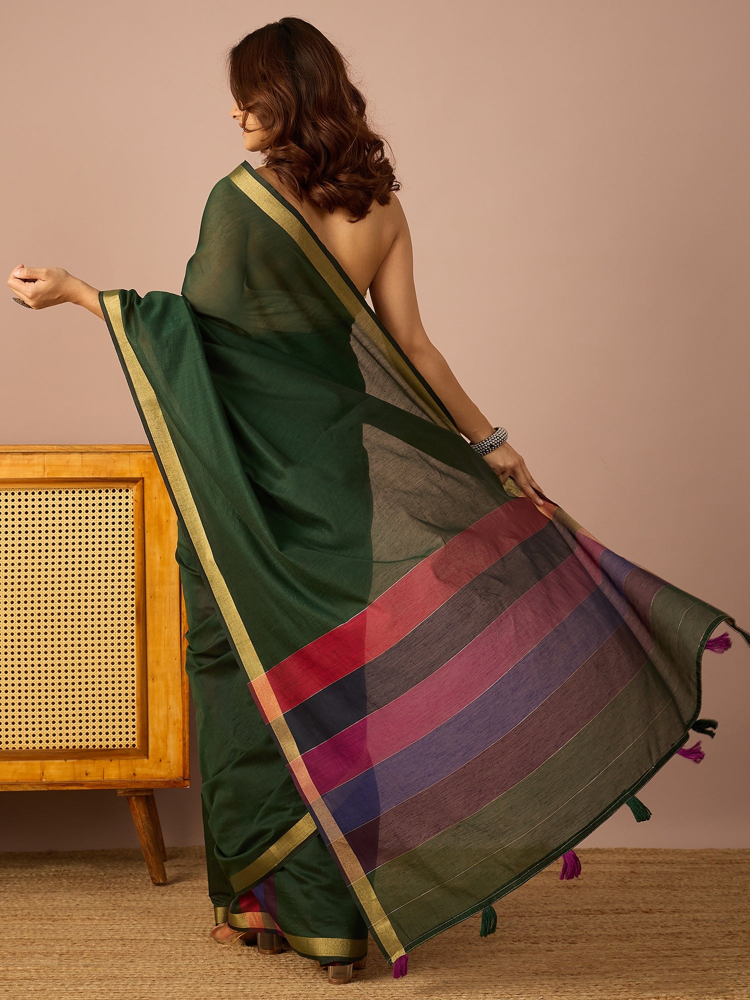 Green Multi Striped Pallu Saree