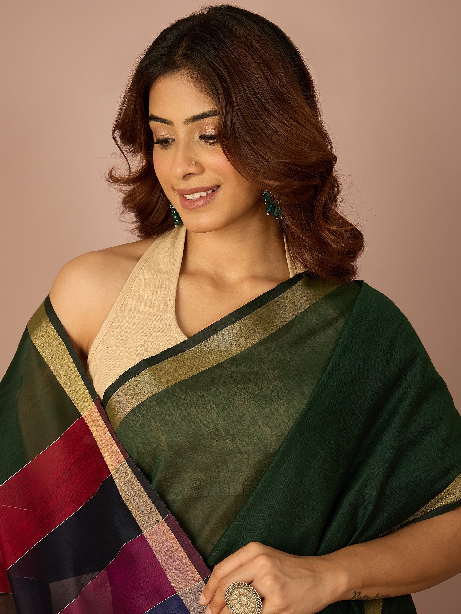 Green Multi Striped Pallu Saree