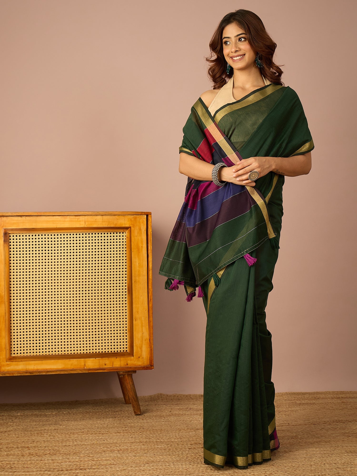 Green Multi Striped Pallu Saree