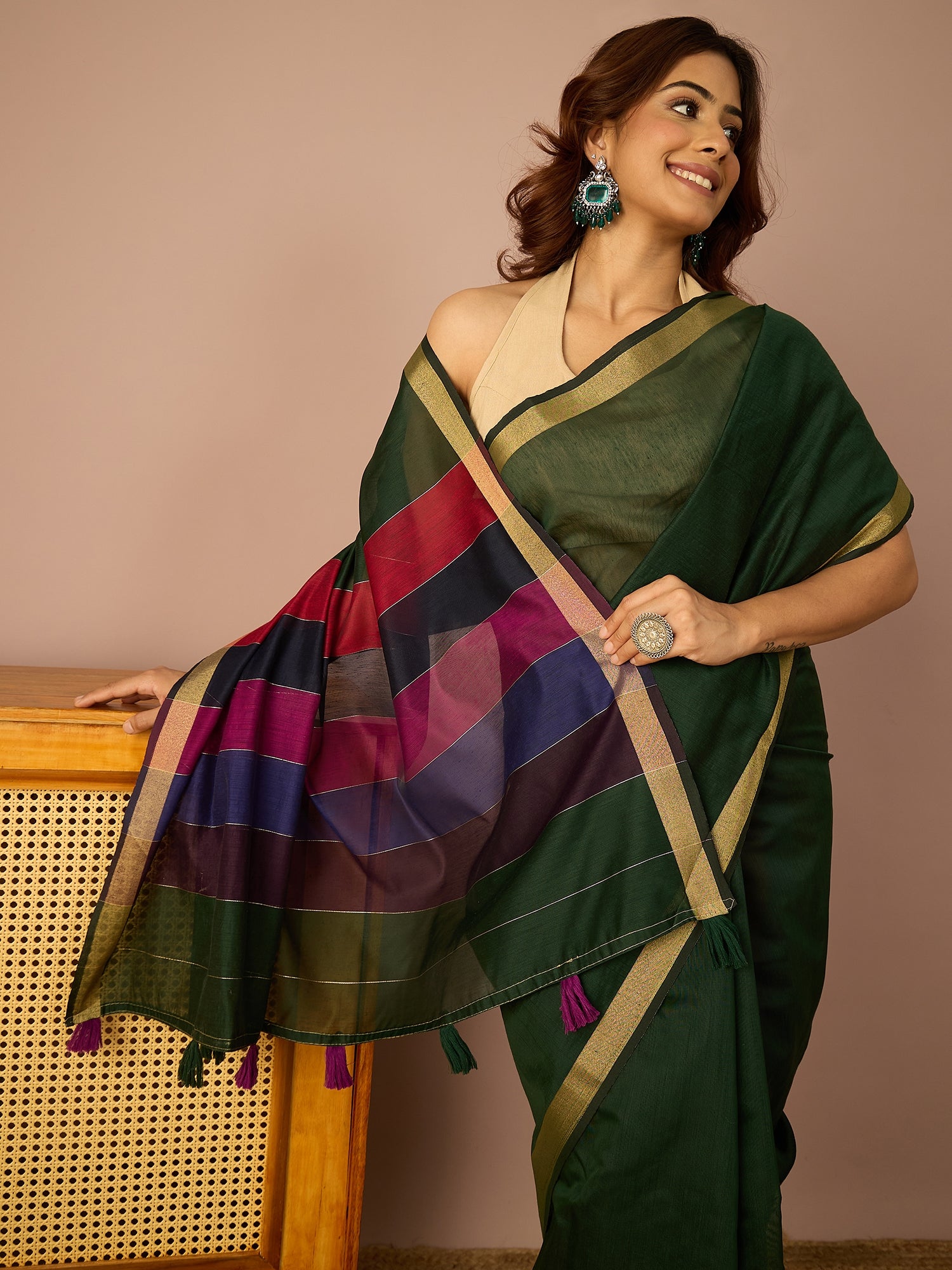 Green Multi Striped Pallu Saree