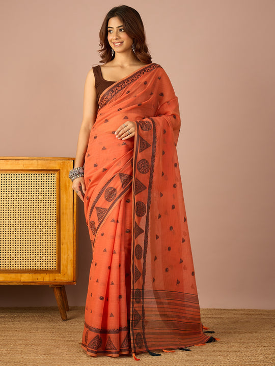 Dark Peach Saura Art Cotton Saree