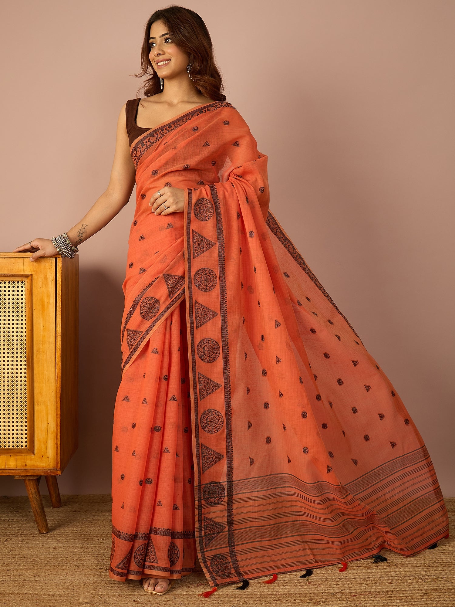 Dark Peach Saura Art Cotton Saree