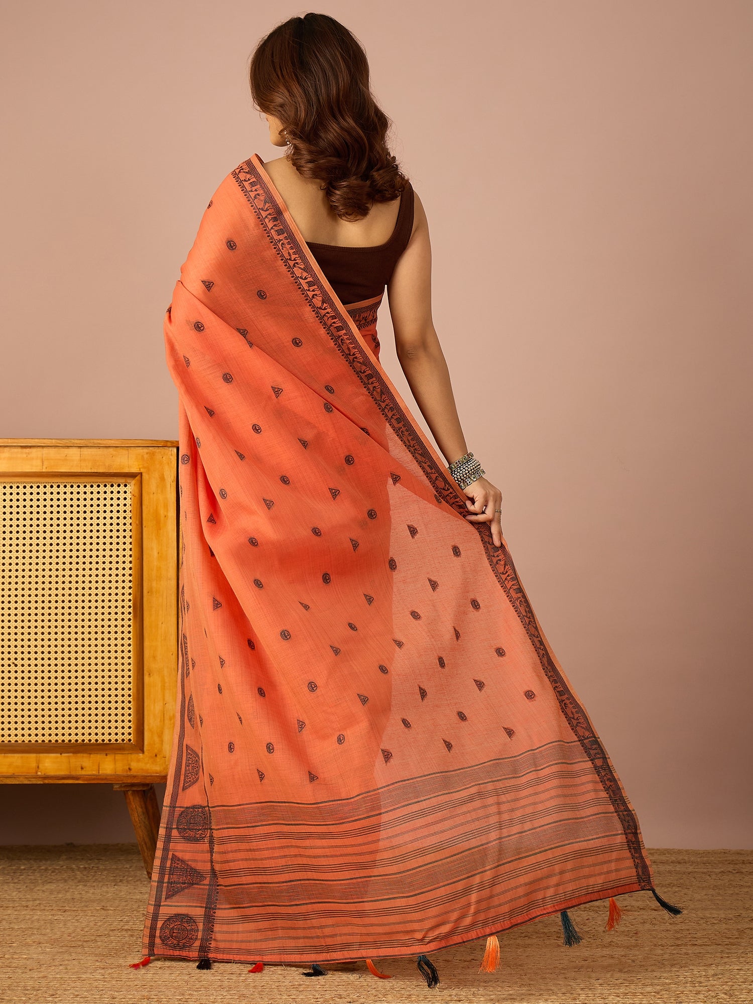 Dark Peach Saura Art Cotton Saree