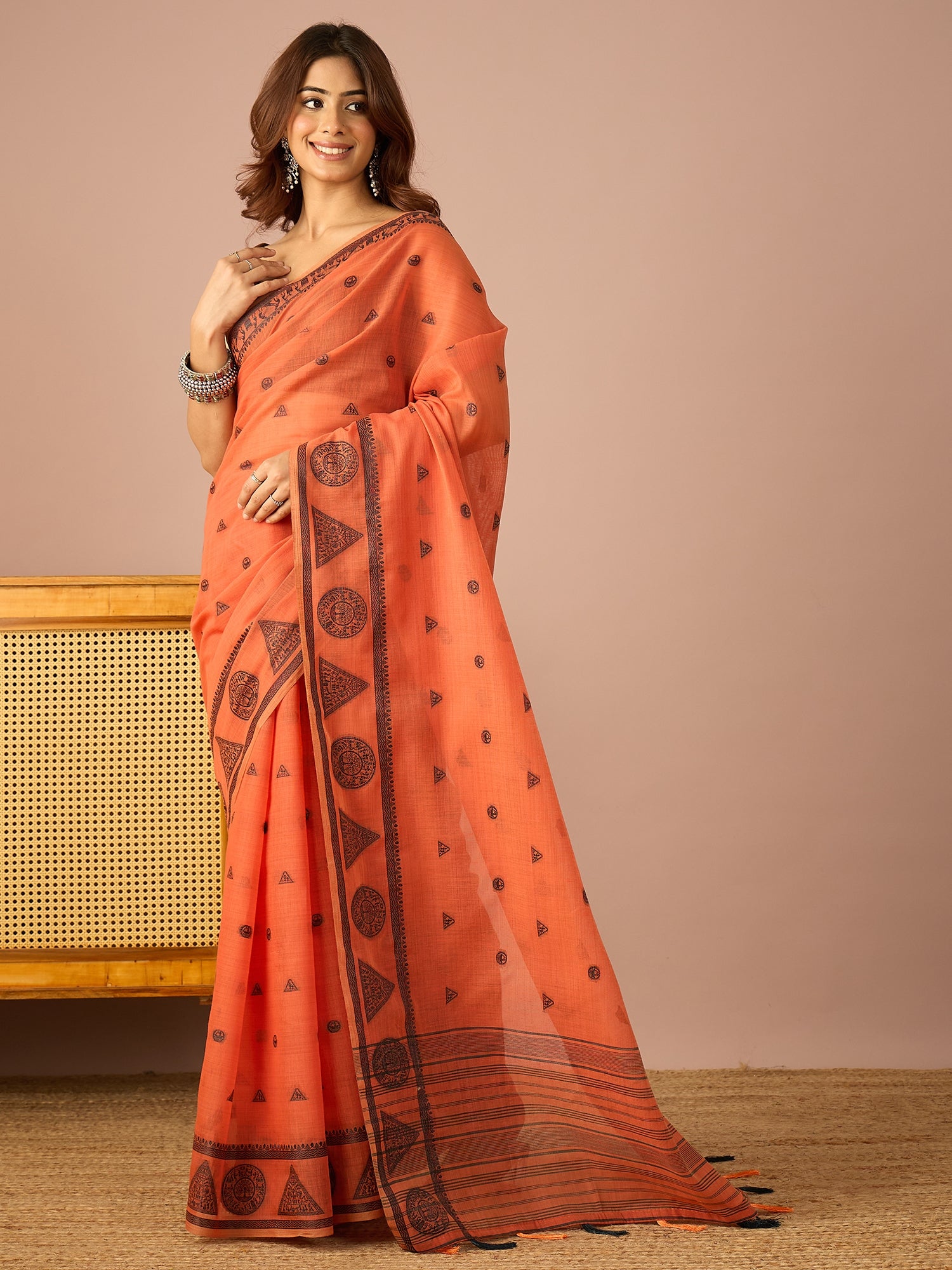 Dark Peach Saura Art Cotton Saree