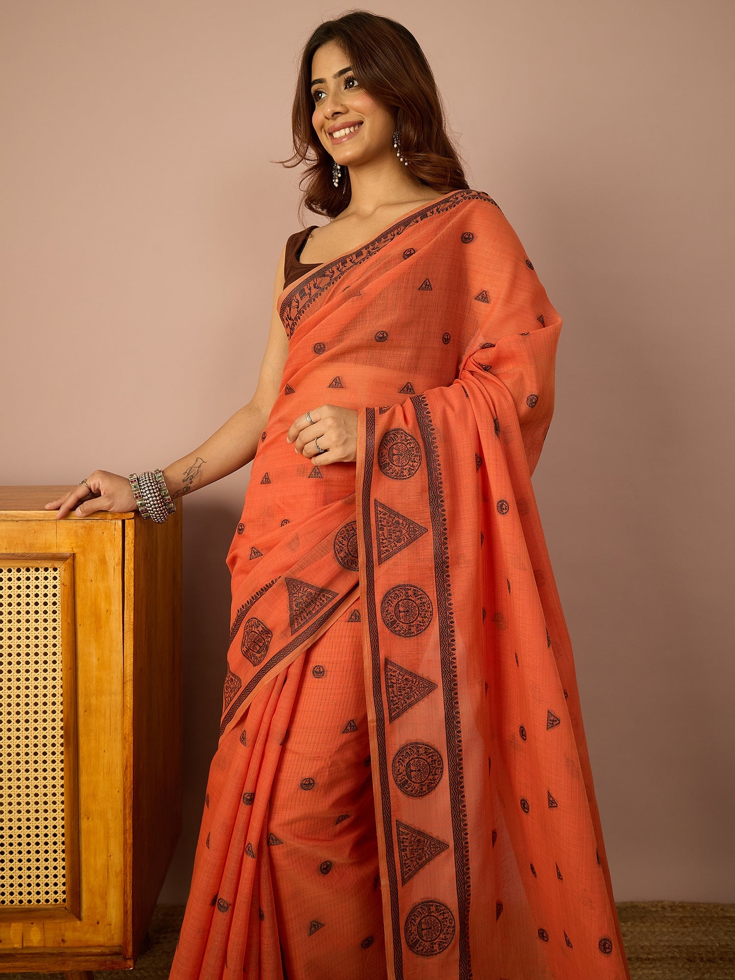 Dark Peach Saura Art Cotton Saree