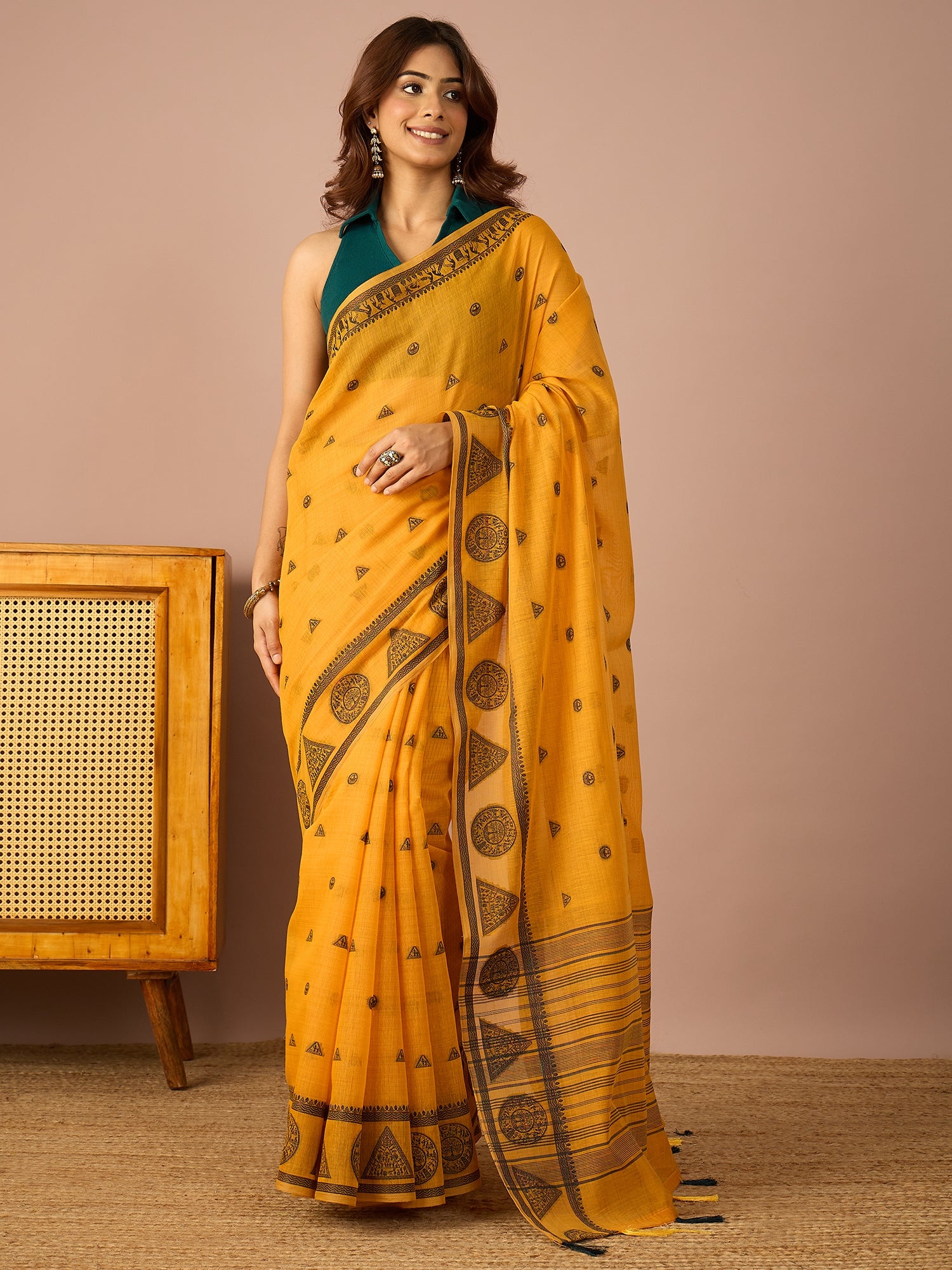Mustard Saura Art Cotton Sareee