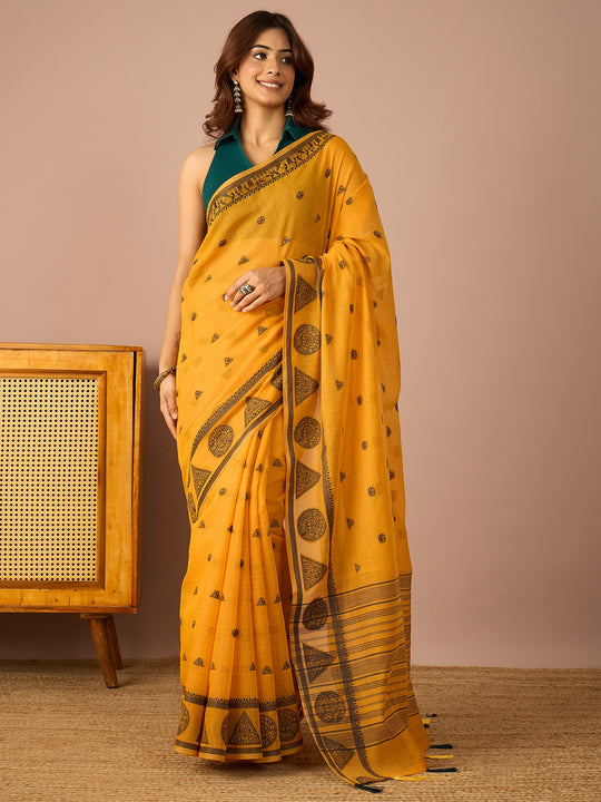 Mustard Saura Art Cotton Sareee