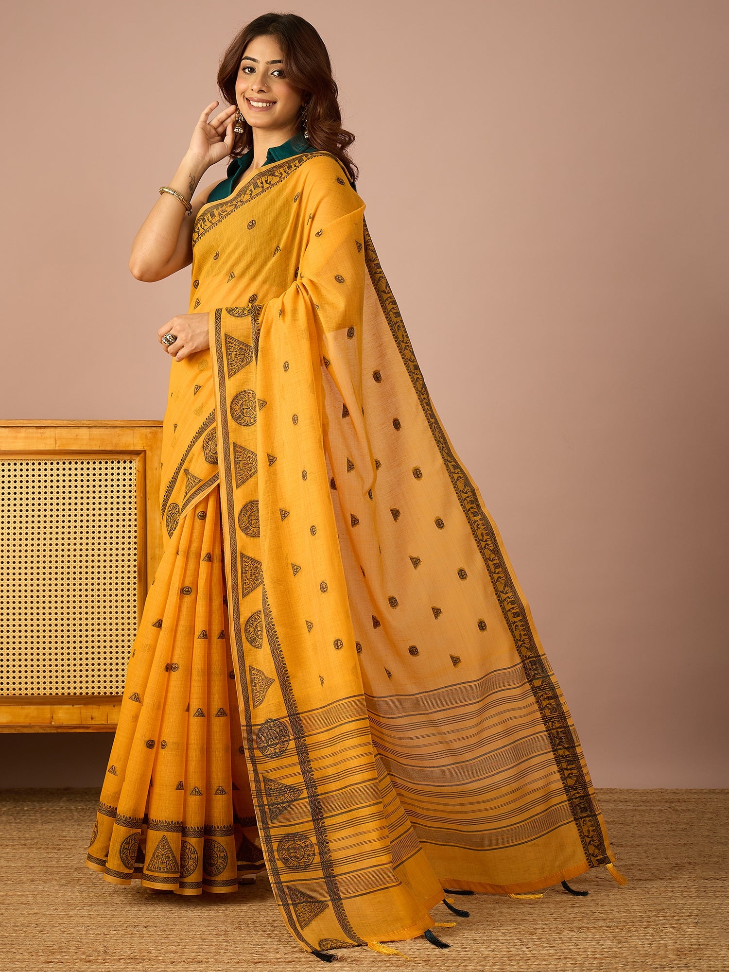 Mustard Saura Art Cotton Sareee
