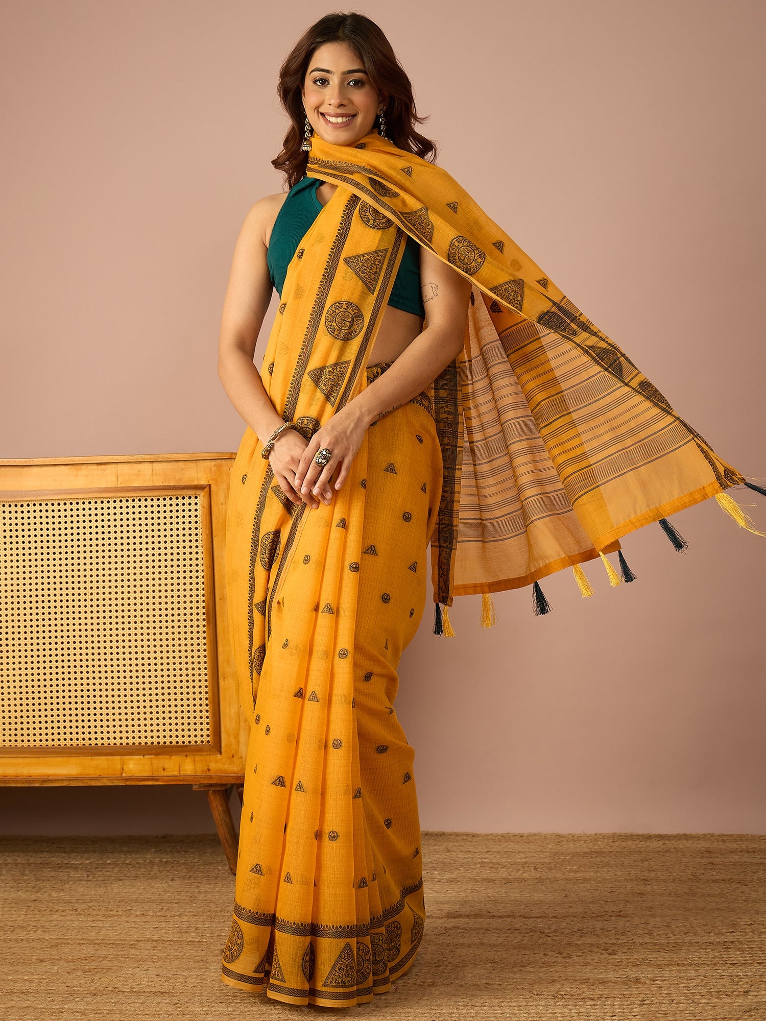 Mustard Saura Art Cotton Sareee