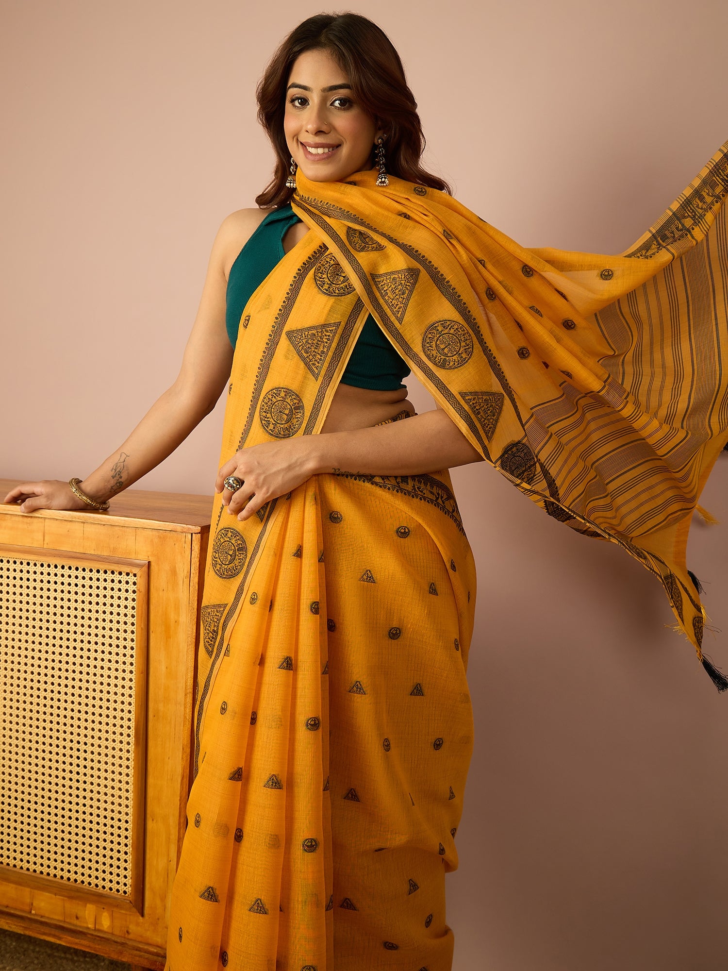 Mustard Saura Art Cotton Sareee