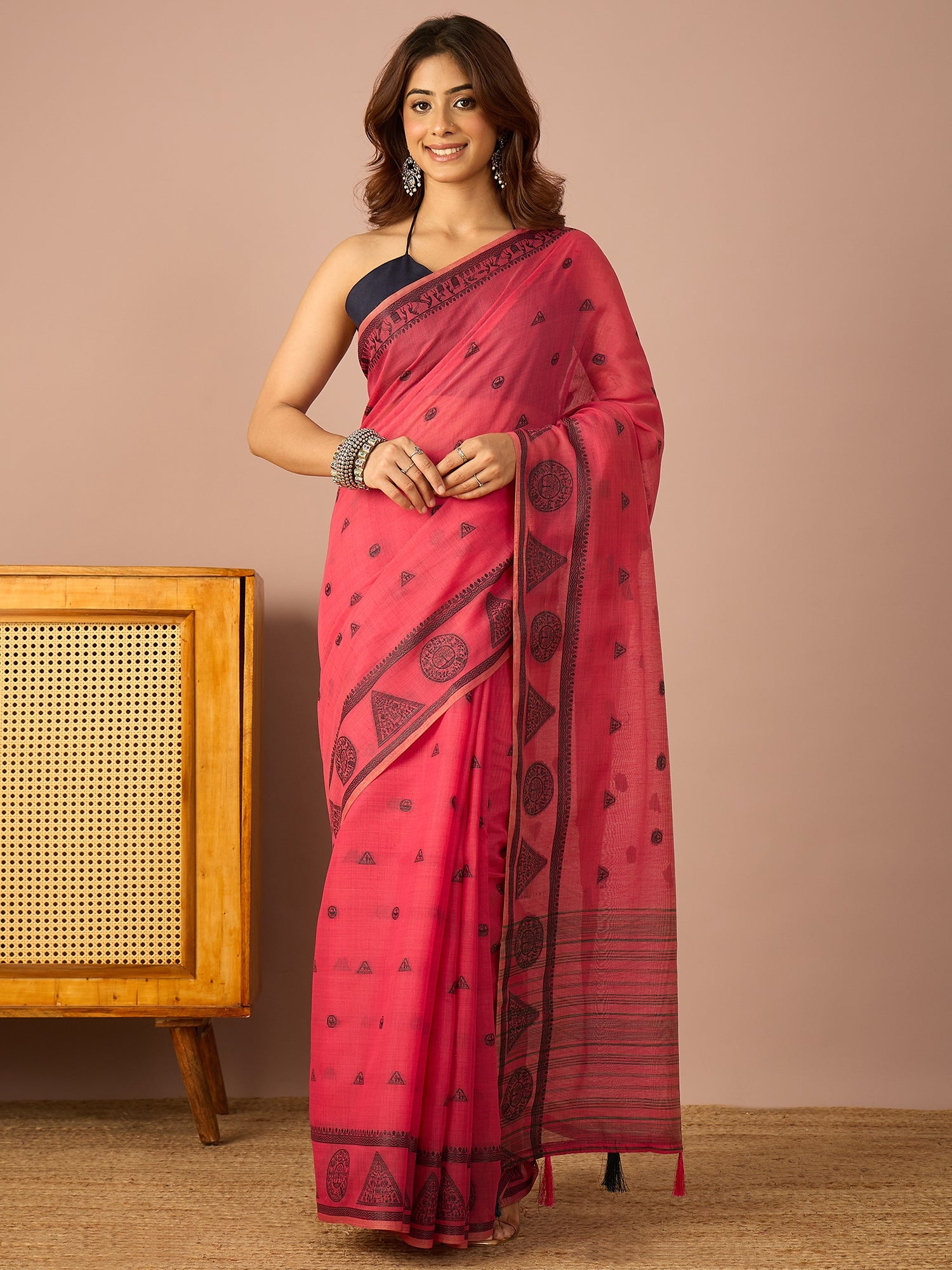 Pink Saura Art Cotton Sareee