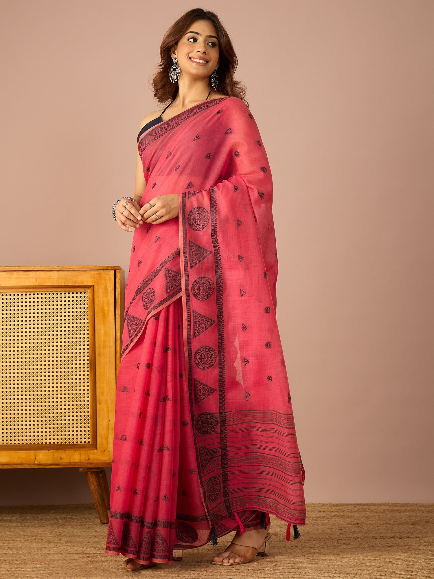 Pink Saura Art Cotton Sareee