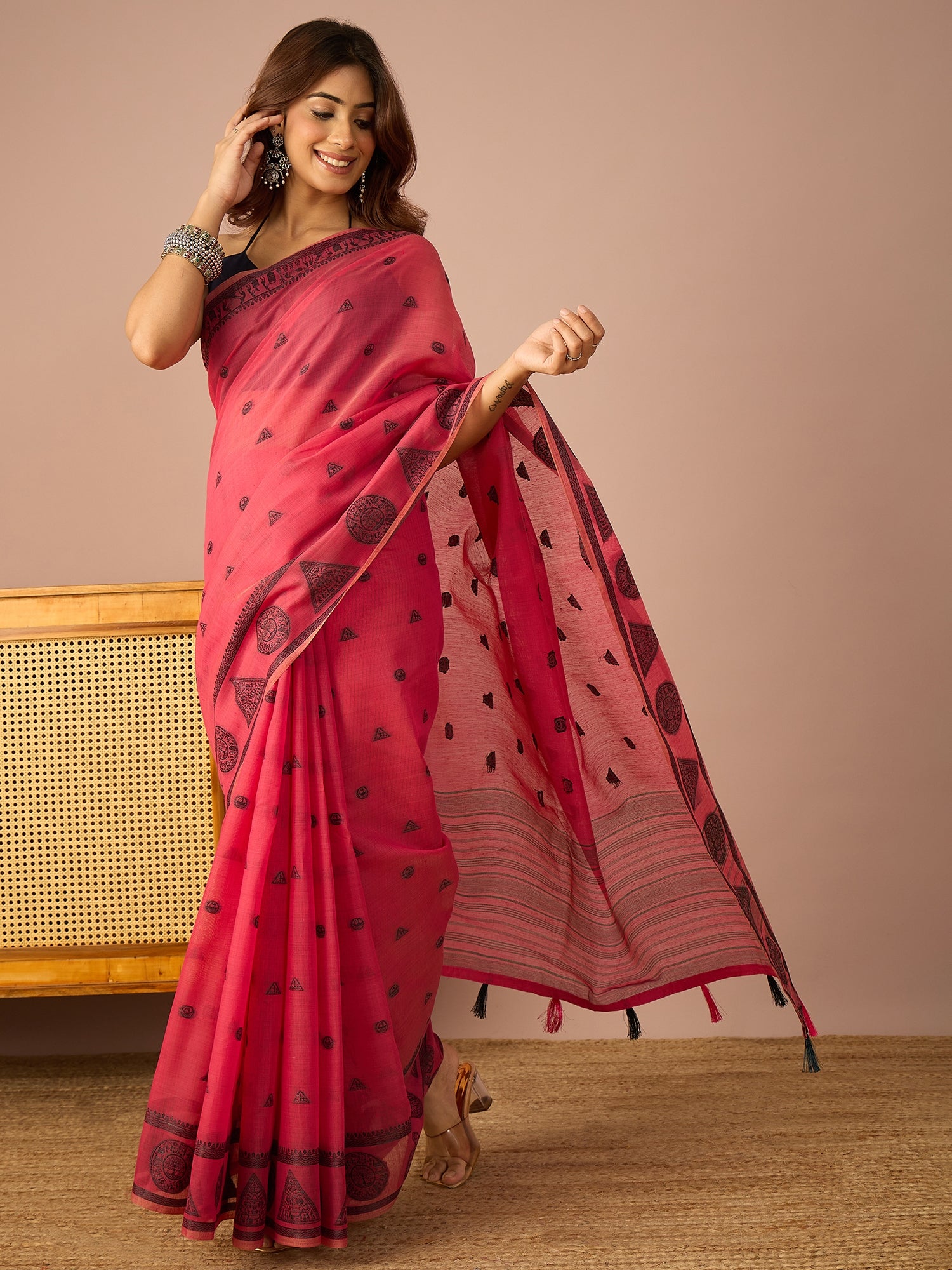 Pink Saura Art Cotton Sareee