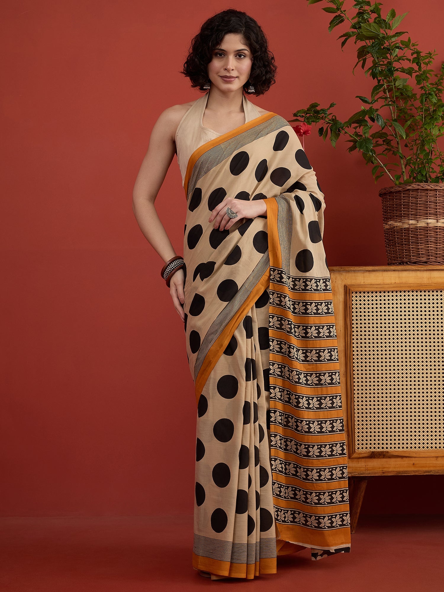 Beige Big Black Dot Print Saree