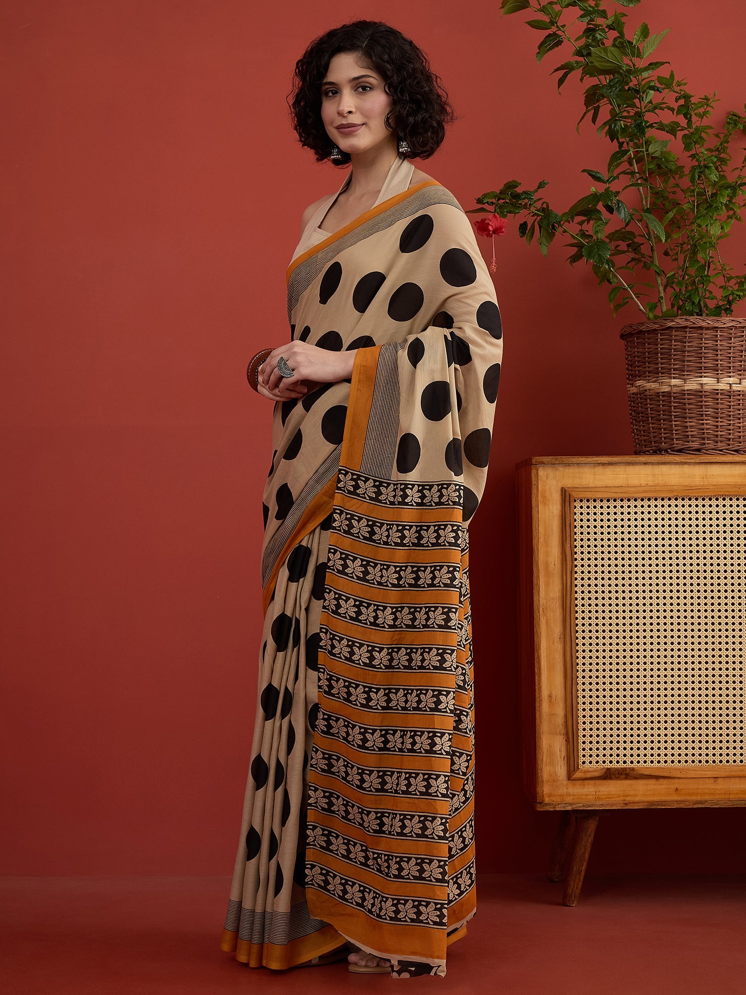 Beige Big Black Dot Print Saree