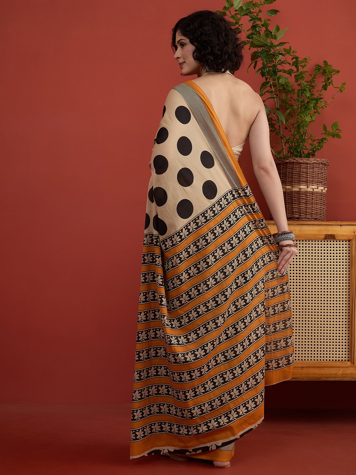 Beige Big Black Dot Print Saree