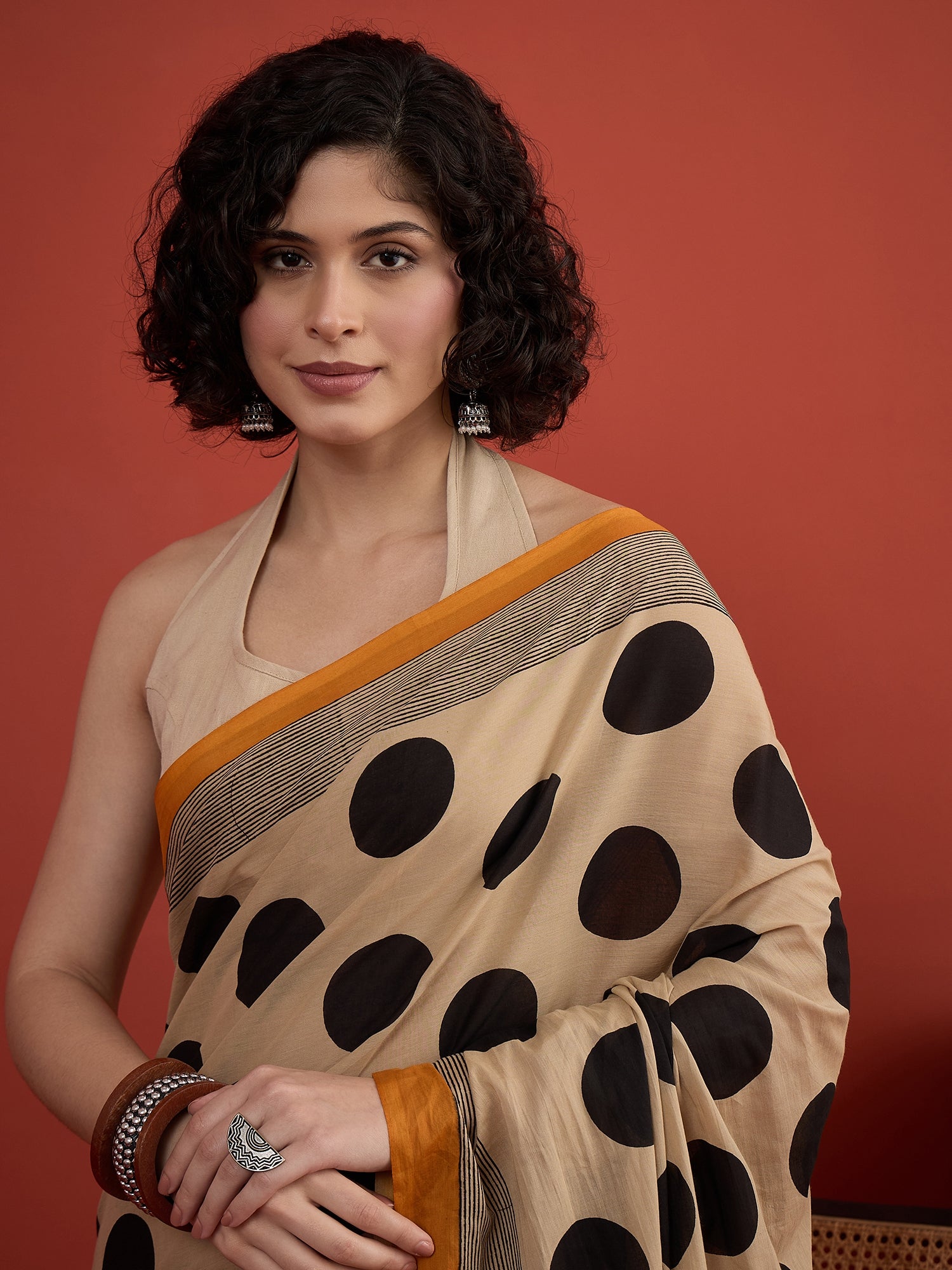 Beige Big Black Dot Print Saree