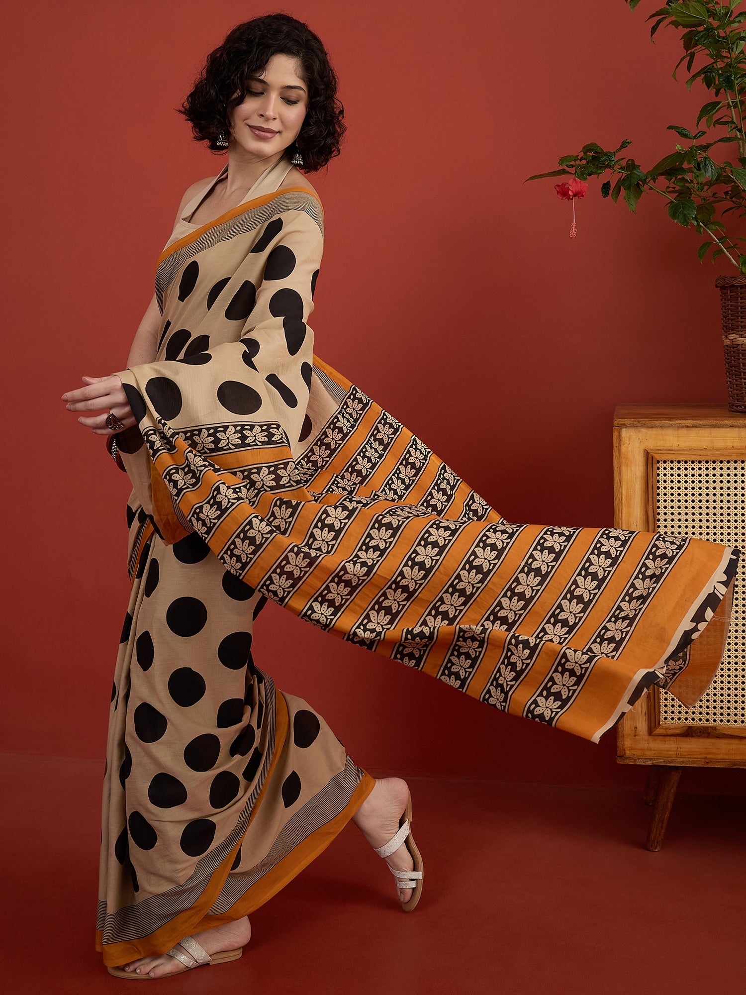 Beige Big Black Dot Print Saree