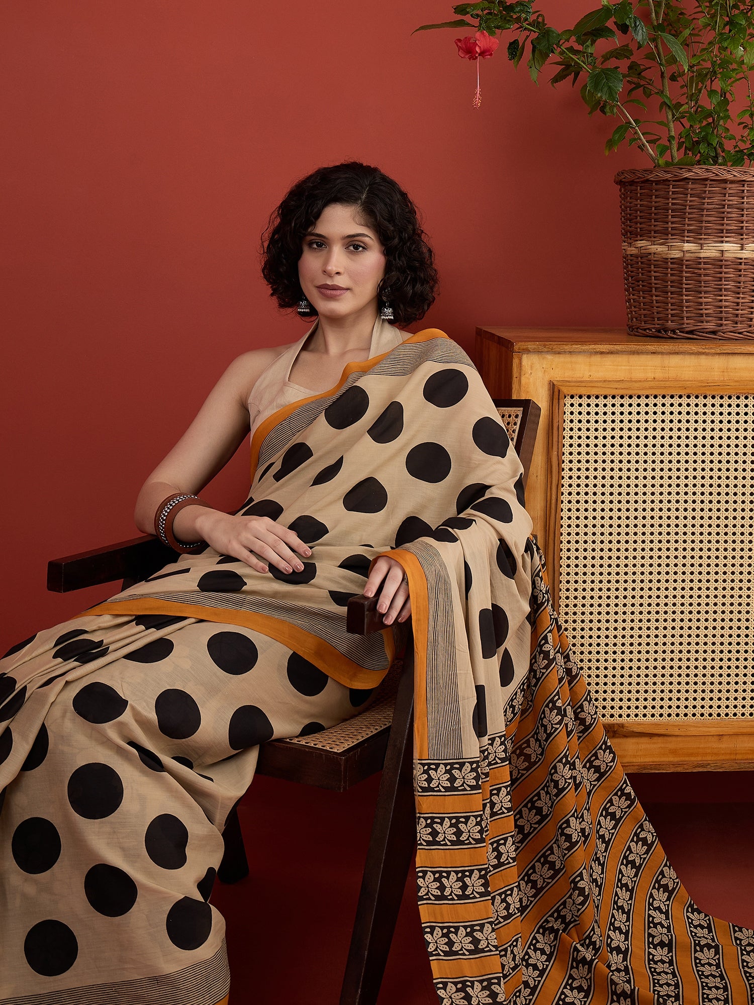 Beige Big Black Dot Print Saree
