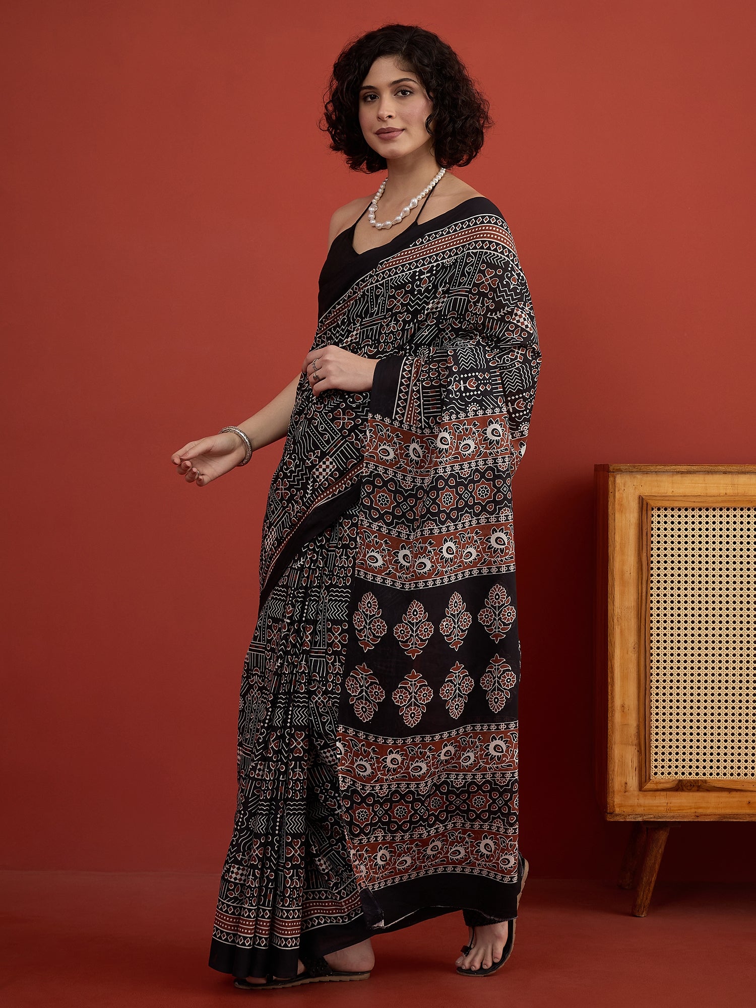 Black Traditional Print Saree