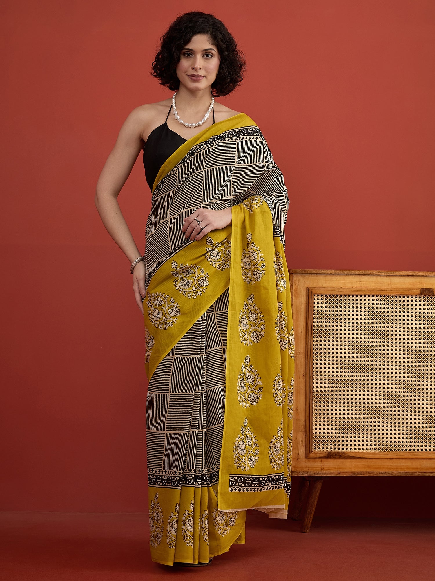 Black Striper Block Border Saree