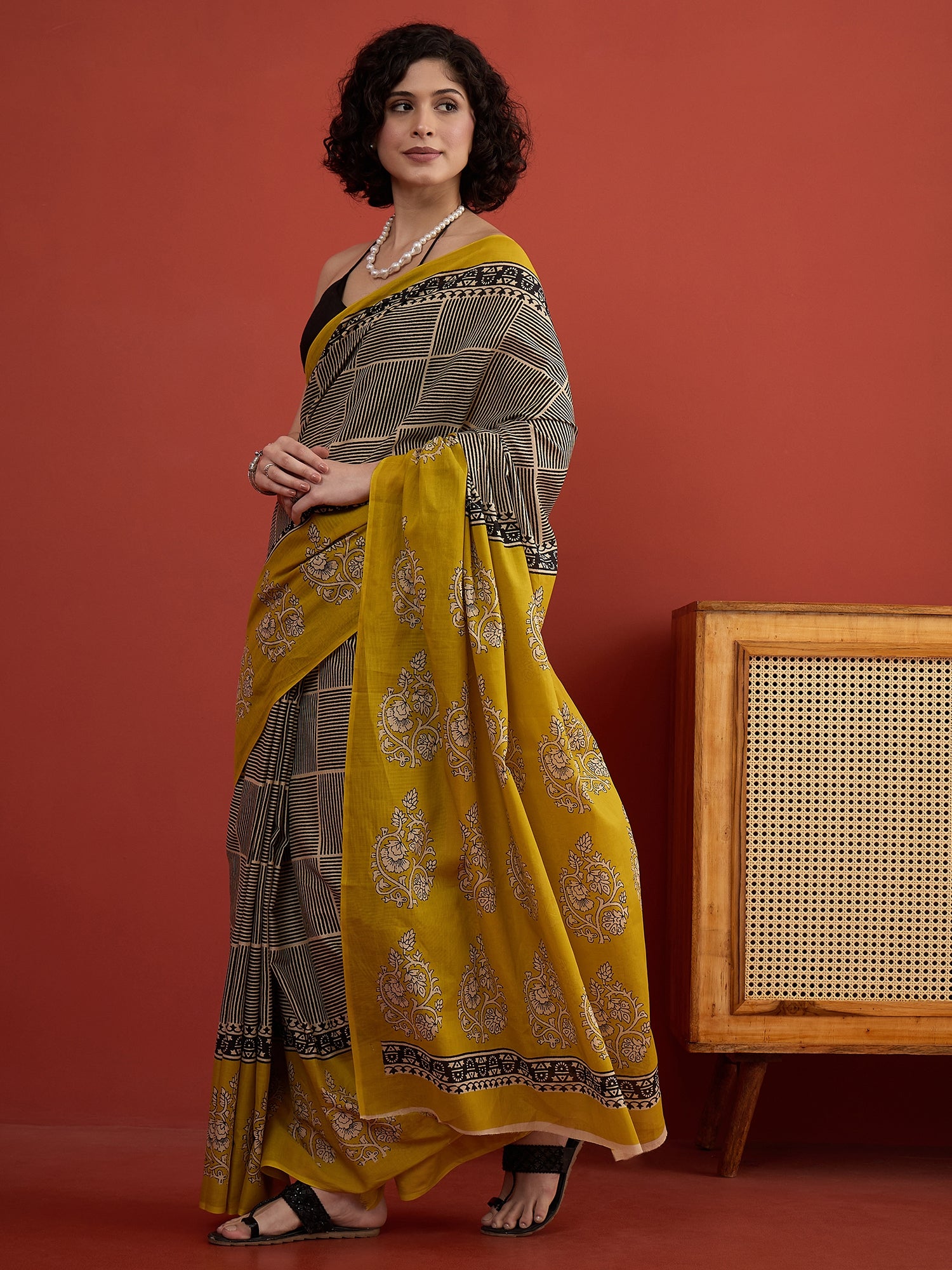 Black Striper Block Border Saree