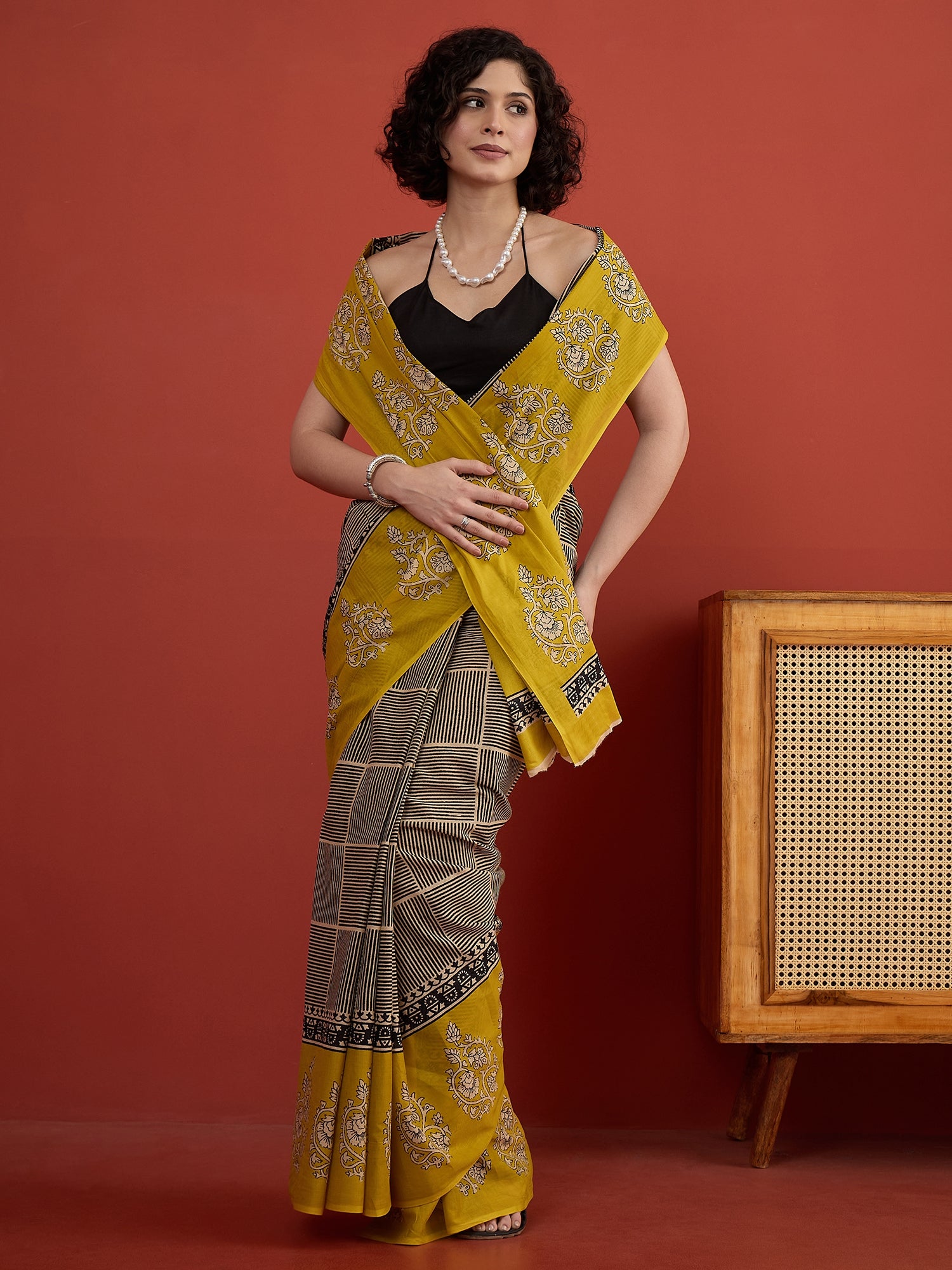 Black Striper Block Border Saree