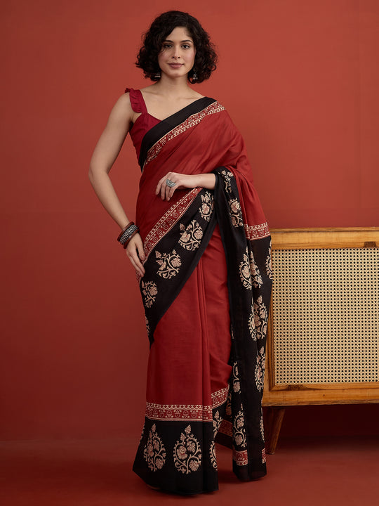 Maroon Solid Block Border Saree