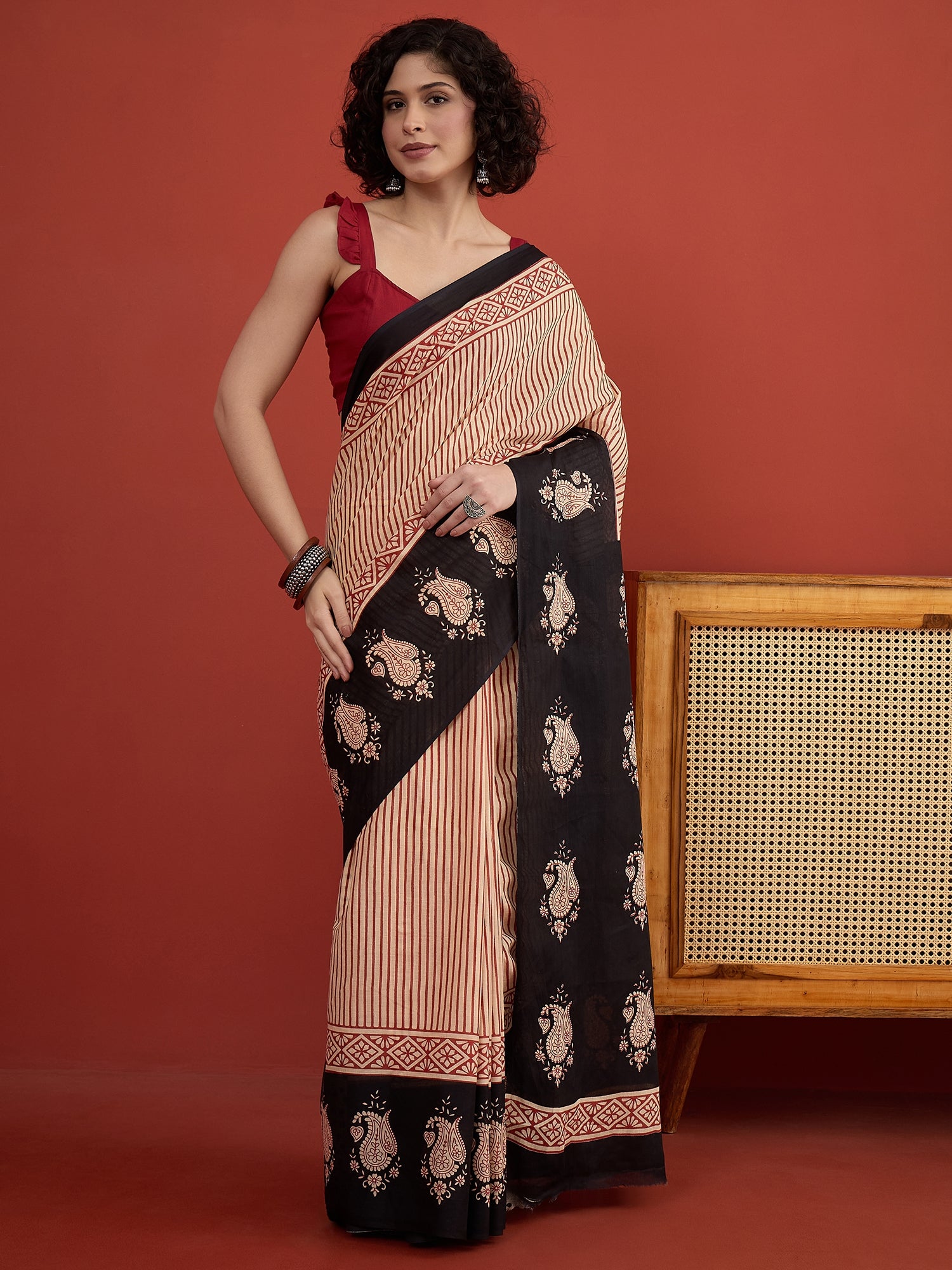 Red Striper Block Border Saree