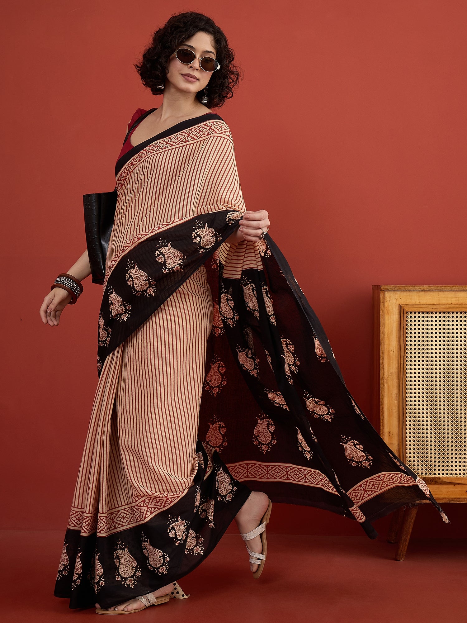 Red Striper Block Border Saree